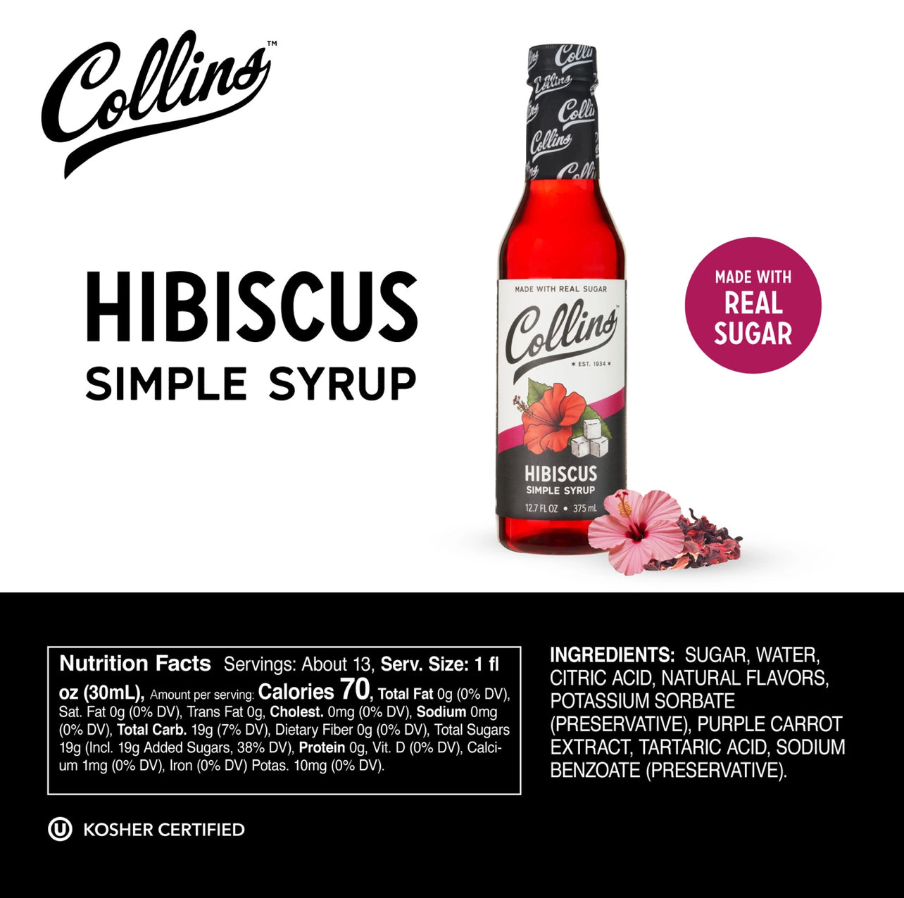 Collins Hibiscus Simple Syrup bottle with label and product details on a white background