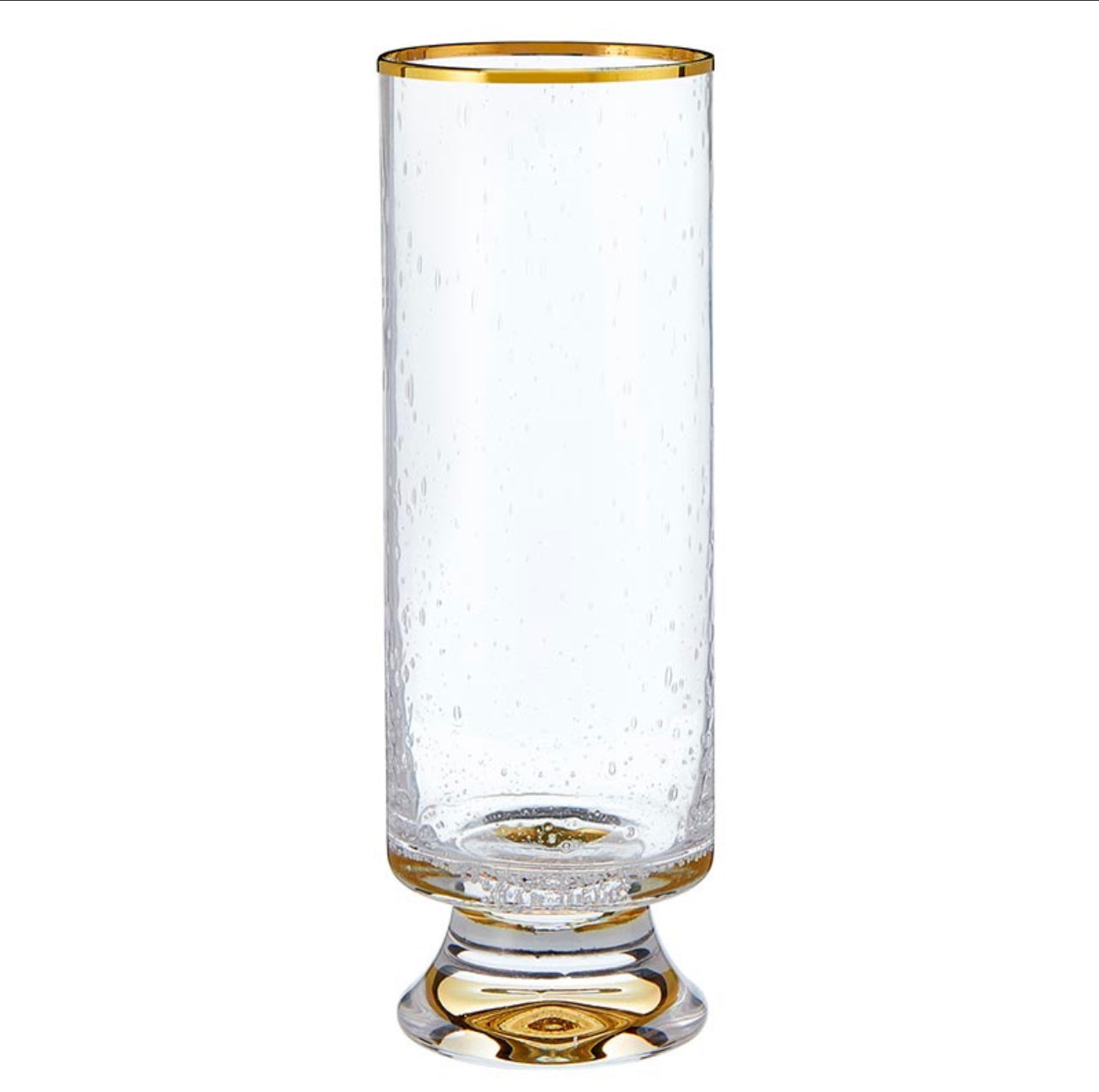 champagne glass featuring clear seeded glass and hand painted gold rim