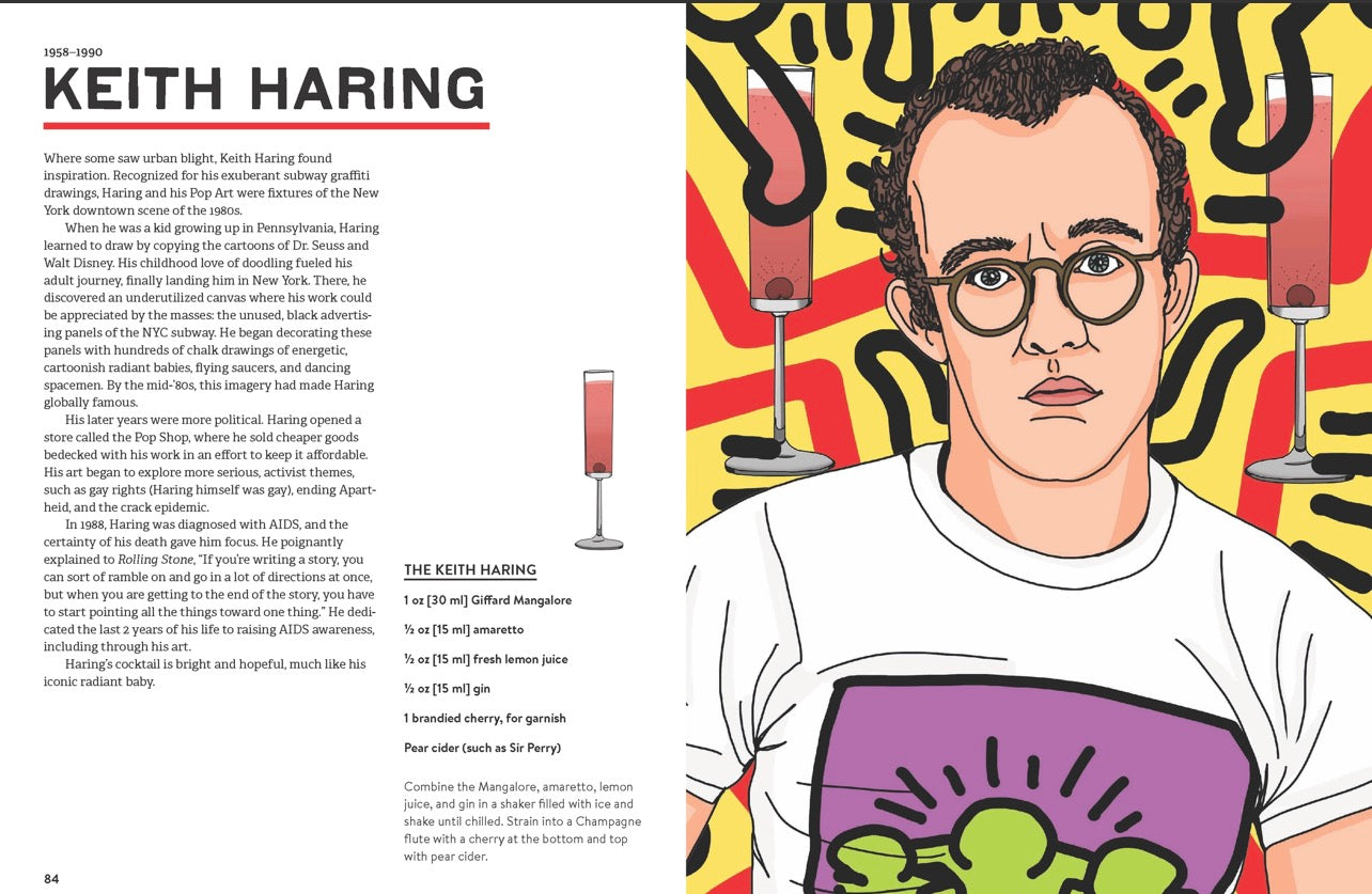 Art Boozel open book featuring Keith Haring inspired cocktail and illustrated artwork
