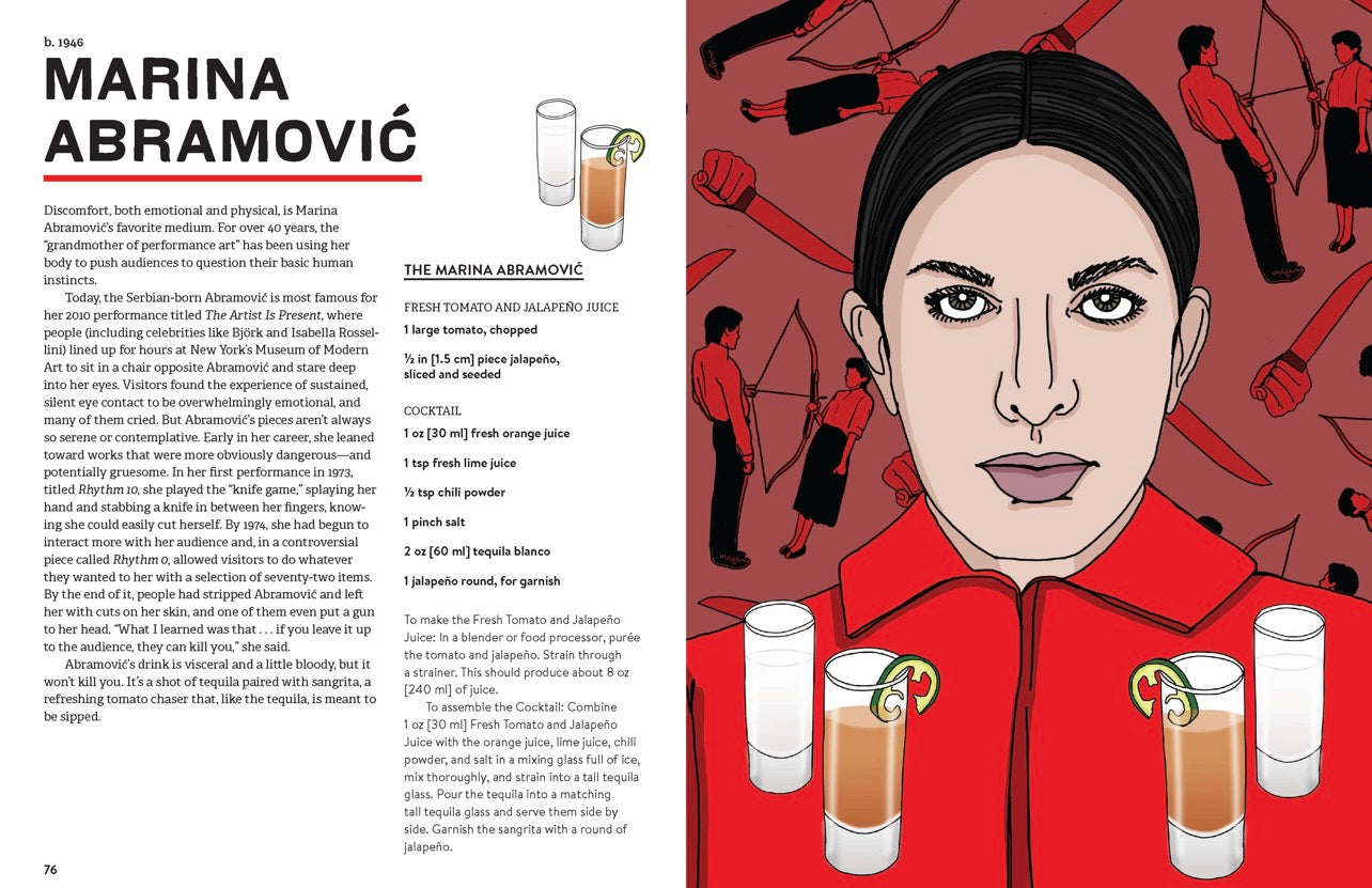 Art Boozel open book featuring Marina Abramović inspired cocktail and illustrated portrait