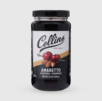 Collins Amaretto Cocktail Cherries jar on a white background