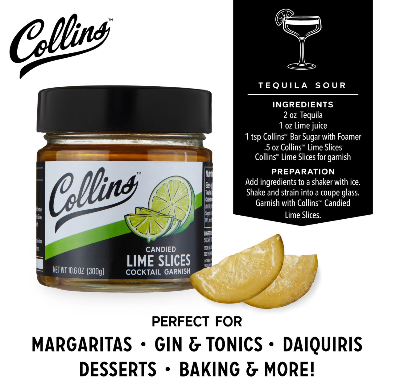 Collins Canned Lime Slices with packaging and usage instructions on a white background