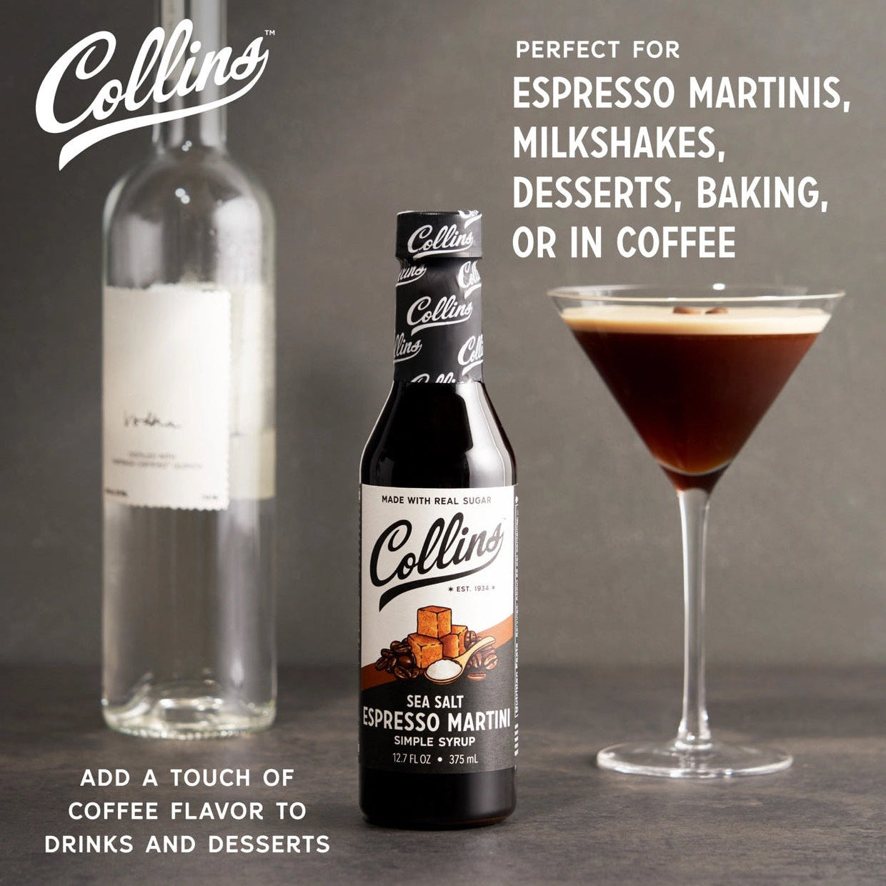 Collins Sea Salt Espresso Martini bottle with a glass of espresso martini on a dark background