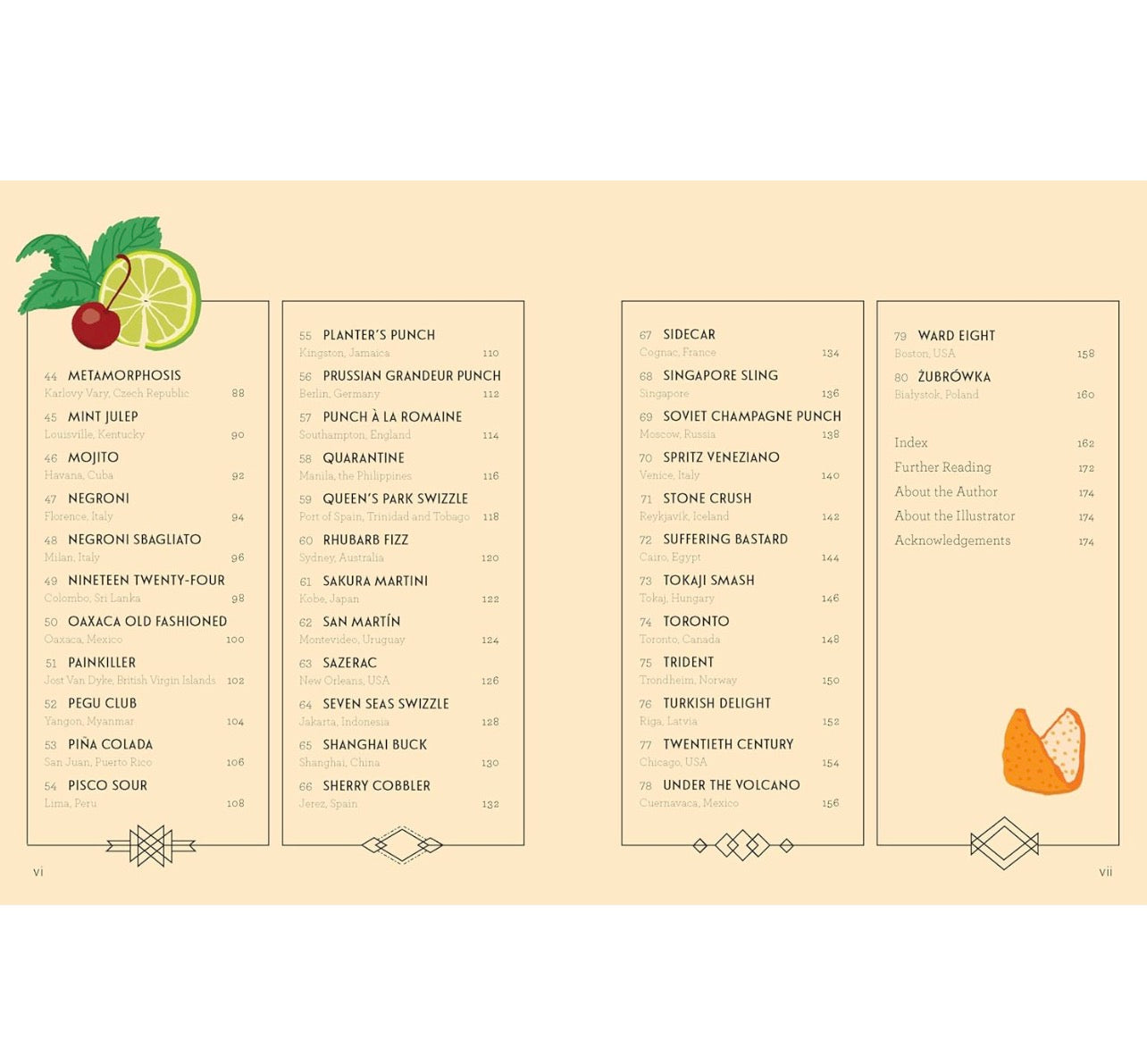 Inside pages of Around the World in 80 Cocktails showing table of contents and global cocktail list