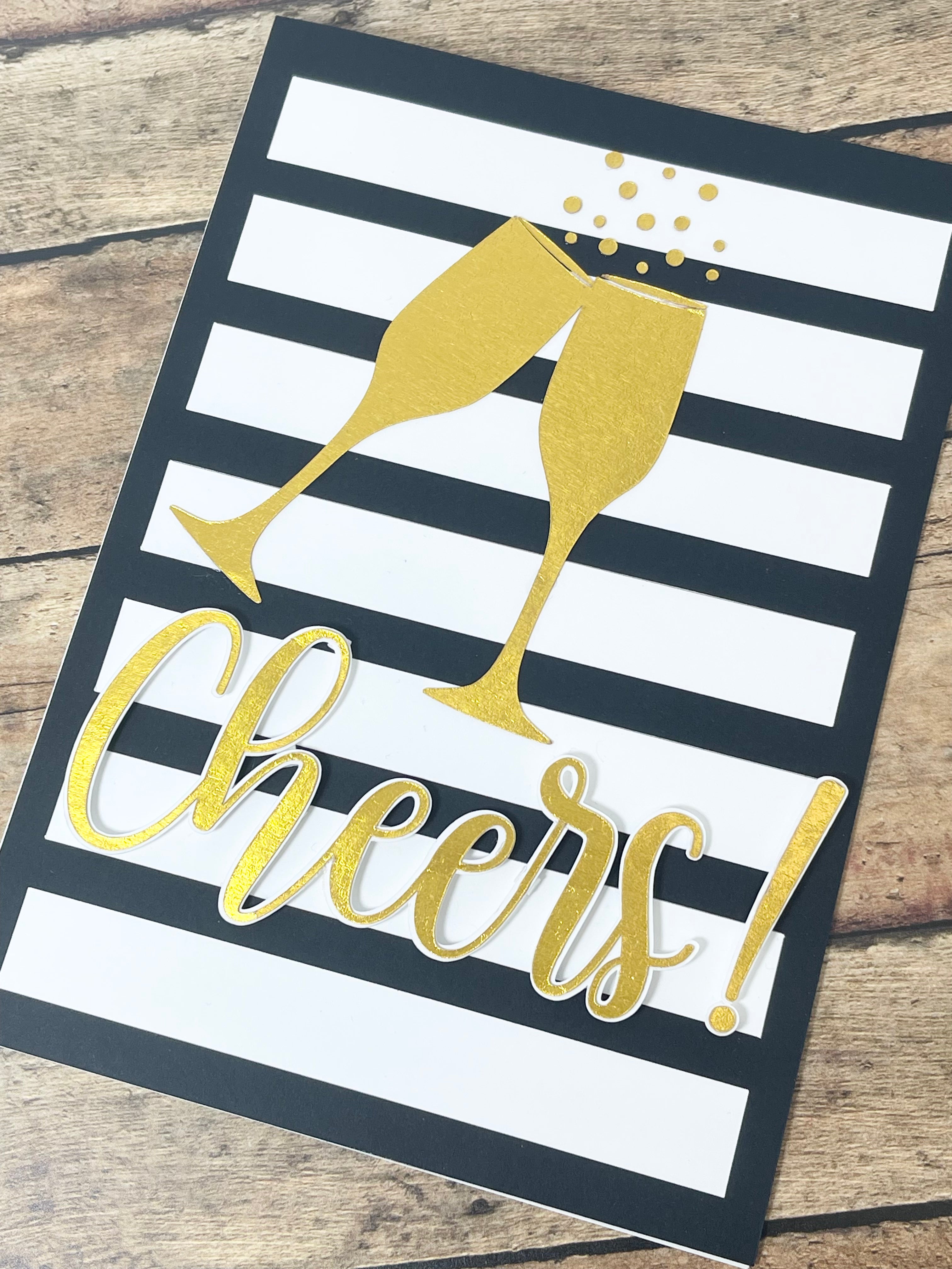 Handmade Cheers Card With Champagne in Gold Foil and Cocktail Confetti; Birthday card, Anniversary Card, Wedding Card