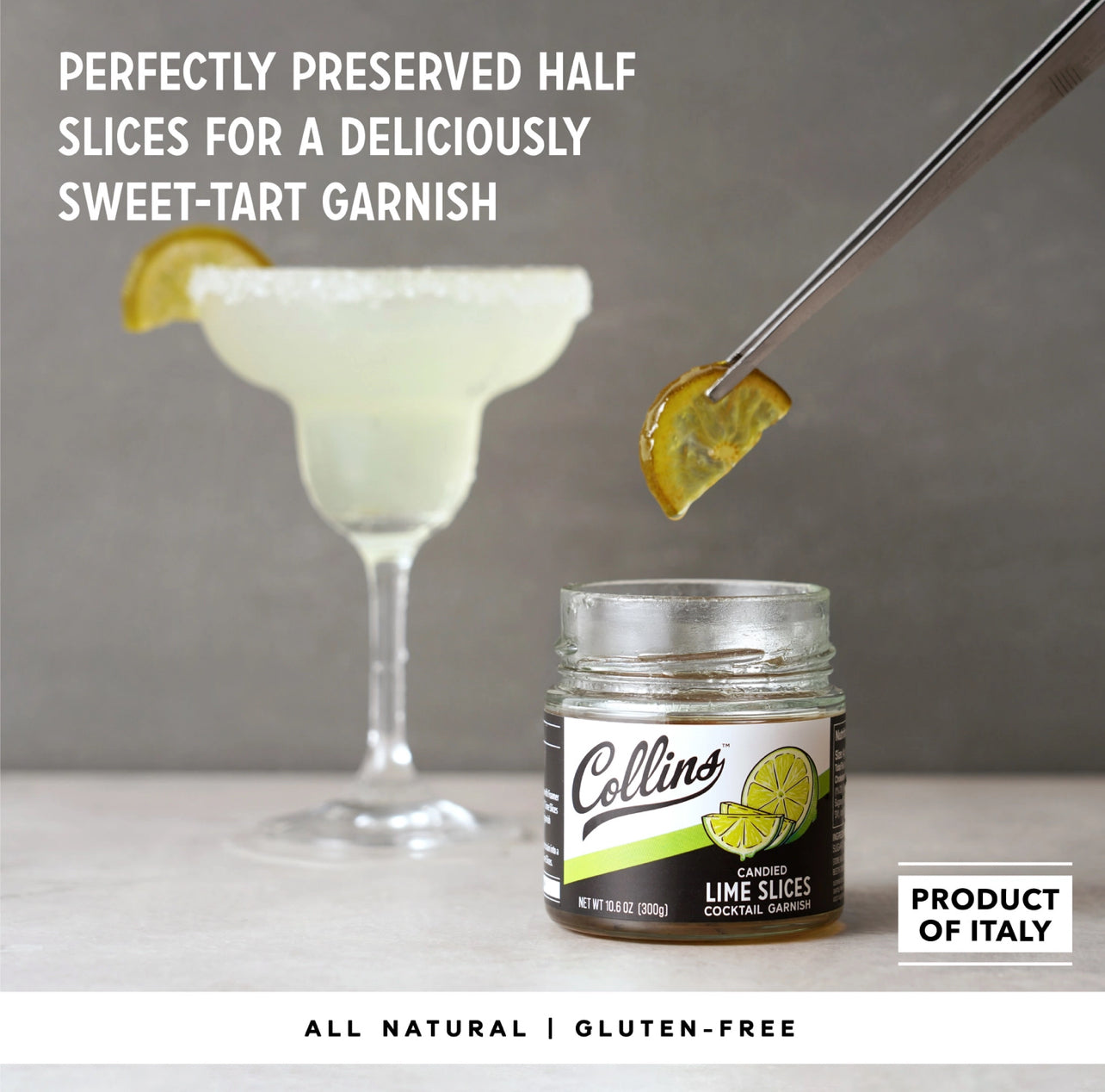 Collins Candied Lime Slices jar with a cocktail and lime slices on a gray background