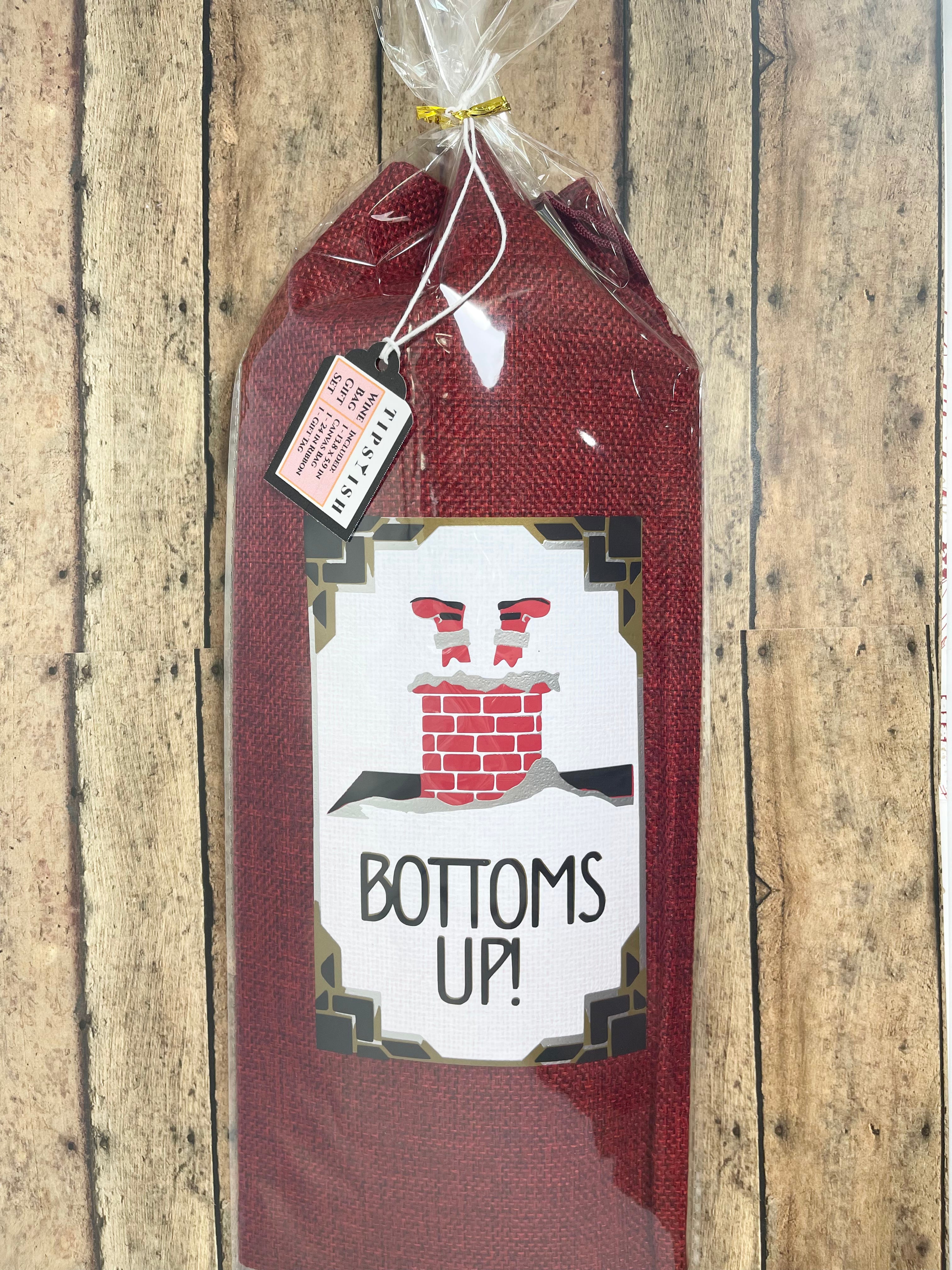 Bottoms Up, Santa in Chimney Wine Bag Gift Set With Ribbon and Gift Tag