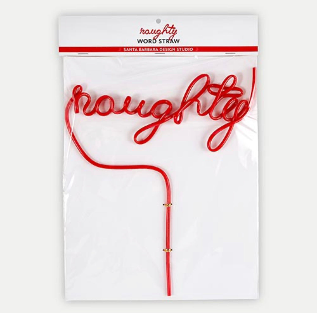 the red christmas word straw "naughty" comes in a festive red and white package