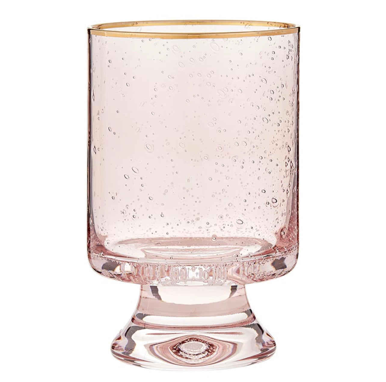 double old fashioned glass featuring seeded glass in a blush pink with a hand painted gold rim