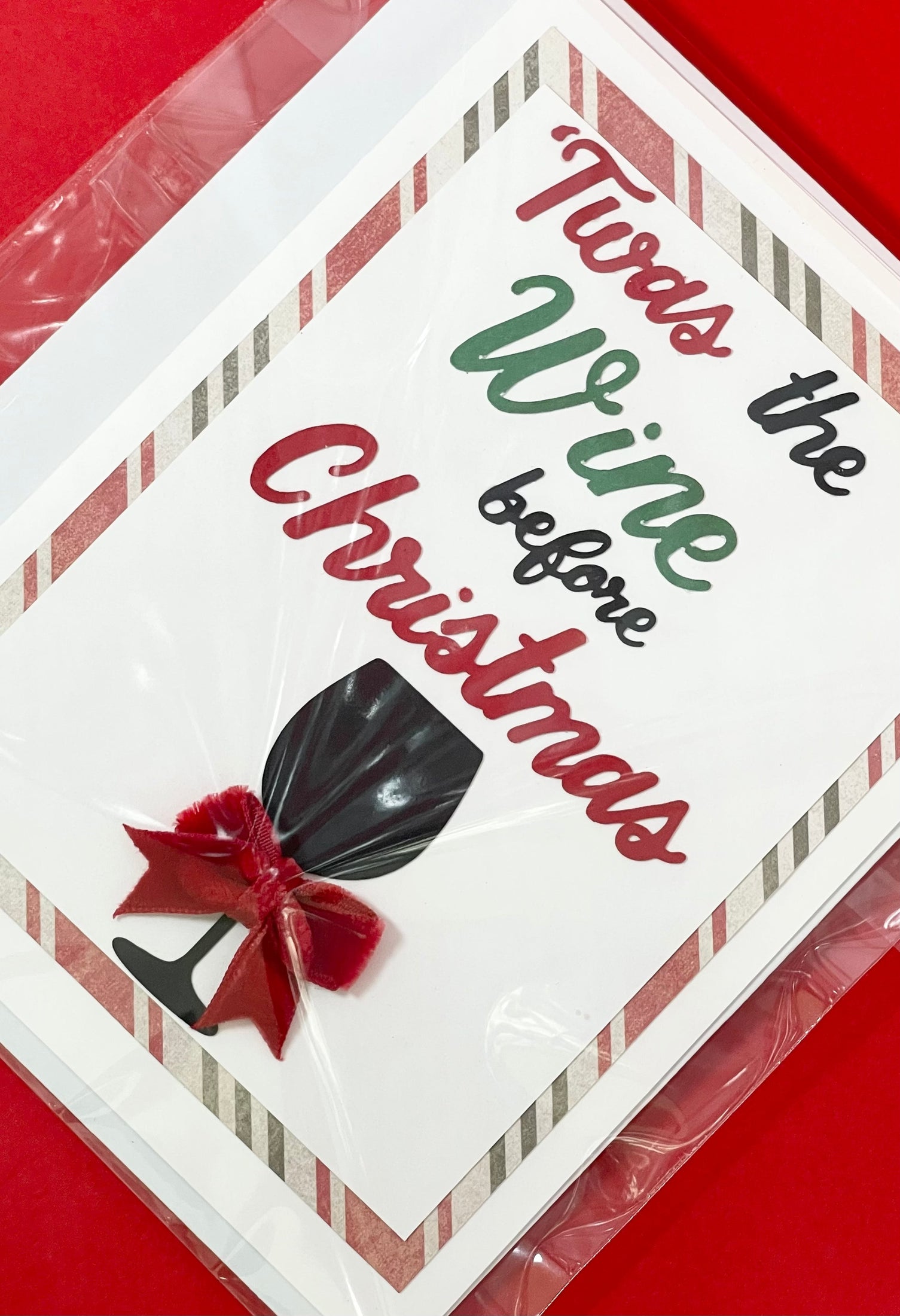Handmade Wine Christmas Card: Velvet Bow, Festive Confetti