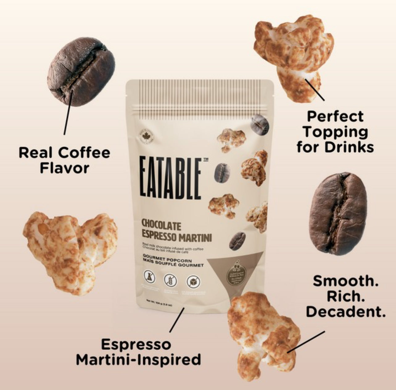 Eatable chocolate espresso martini packaging with coffee beans and cookies on a beige background