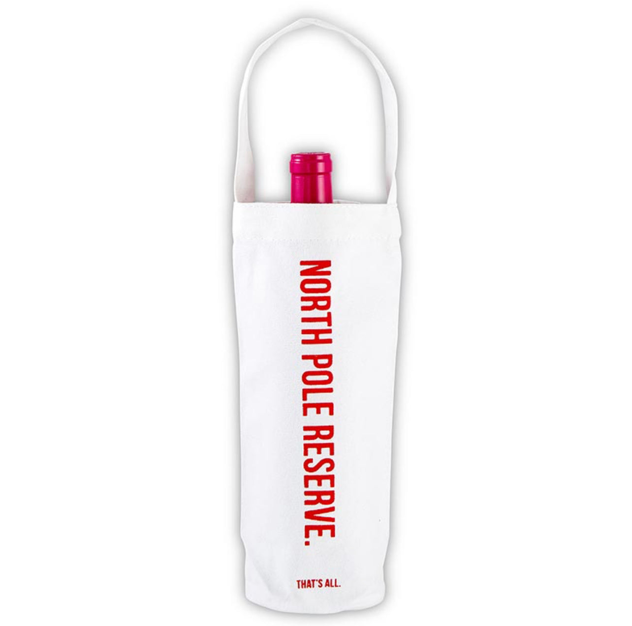 white canvas wine bag for christmas with red script that reads "north pole reserve"