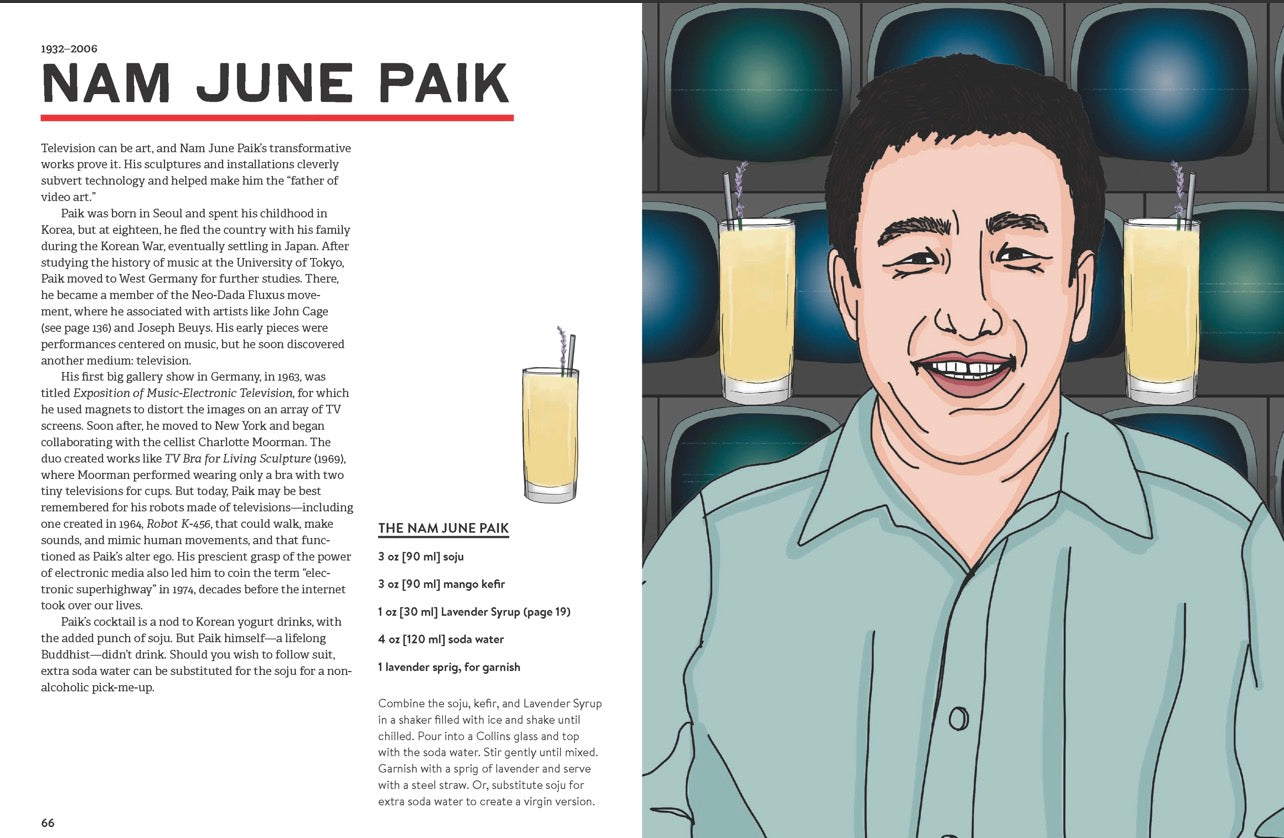 Art Boozel interior featuring Nam June Paik cocktail recipe with illustrated artist portrait