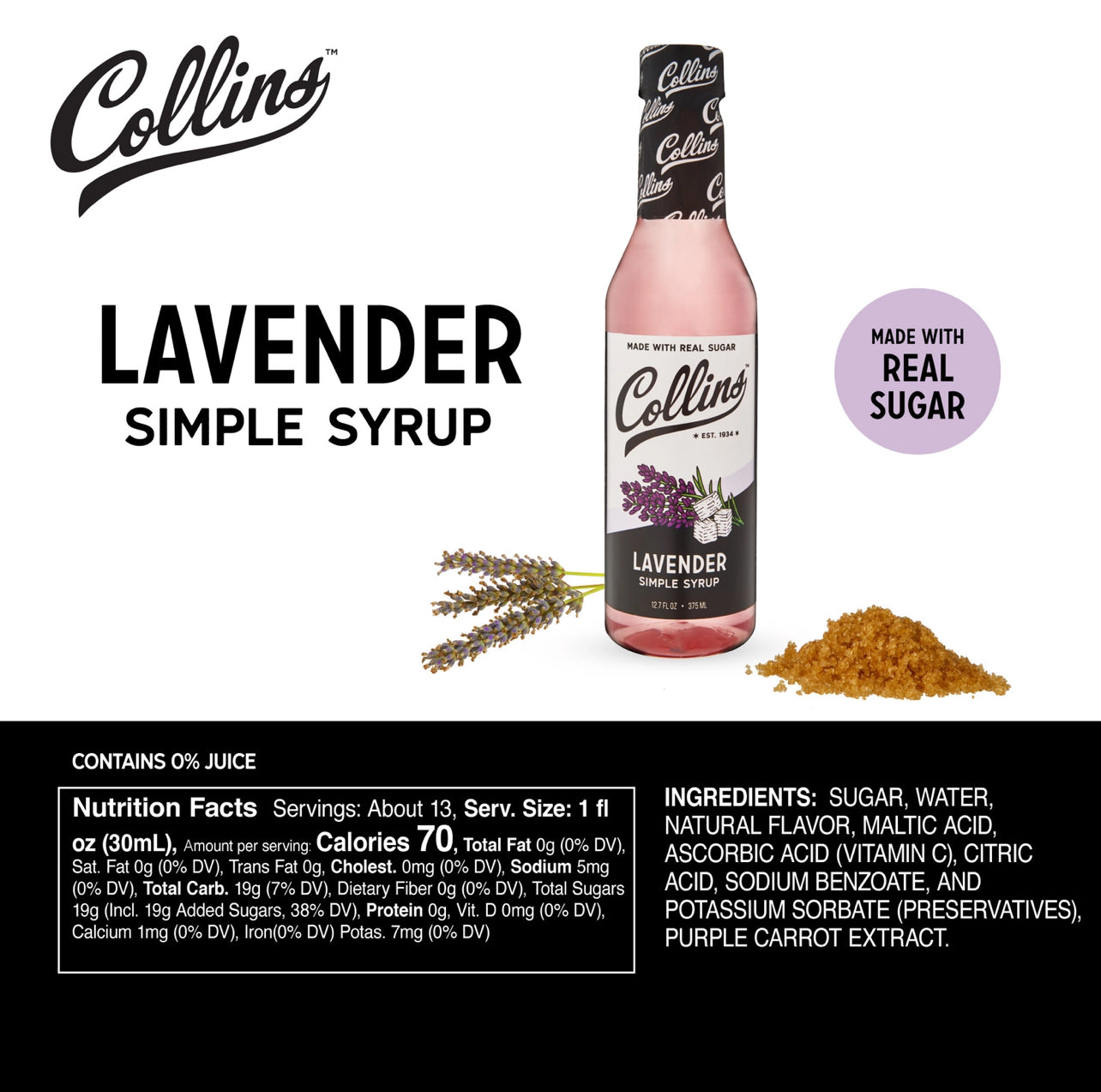 Collins Lavender Simple Syrup bottle with ingredients and nutrition facts on a white background