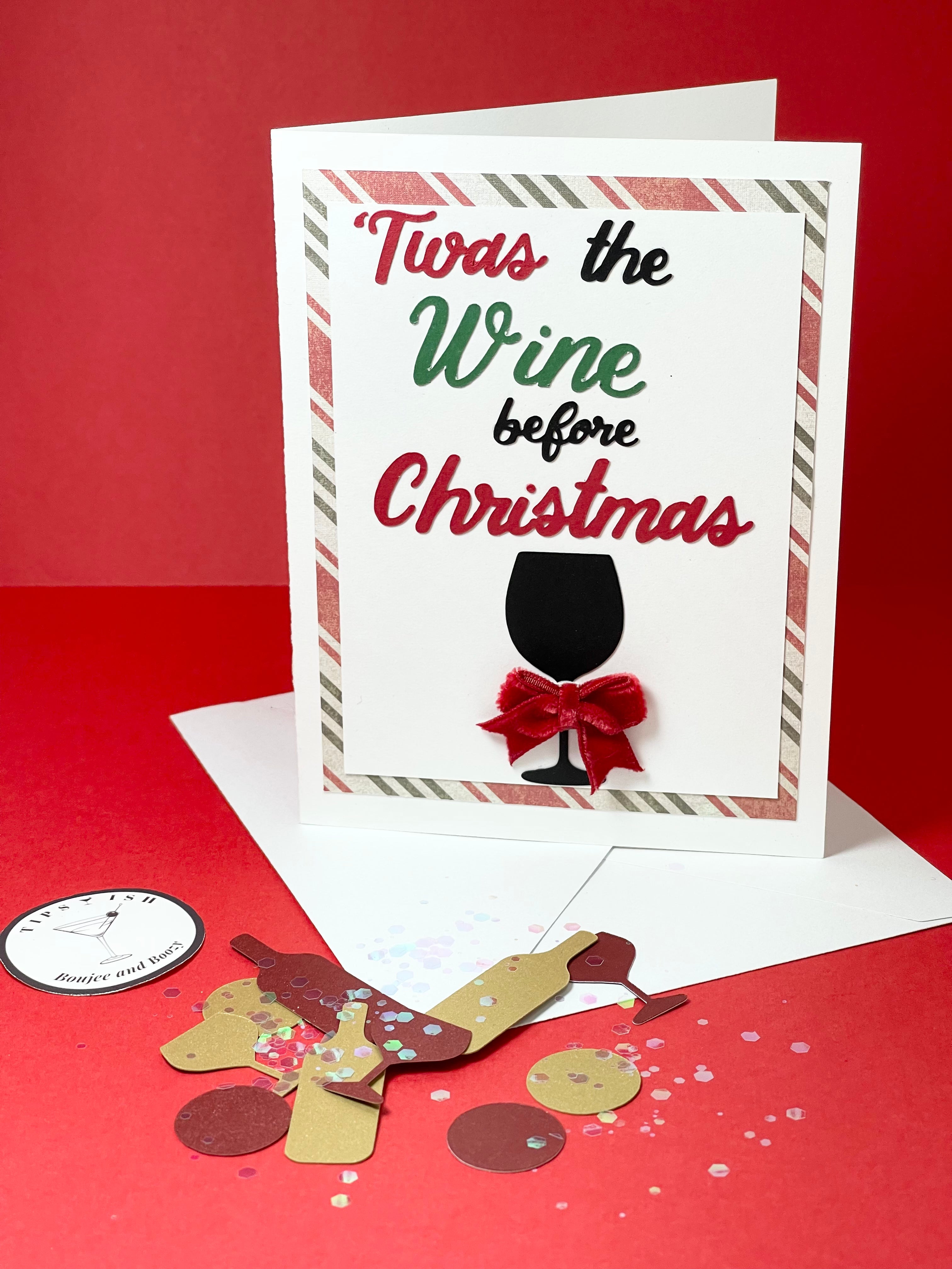 Handmade Wine Christmas Card: Velvet Bow, Festive Confetti
