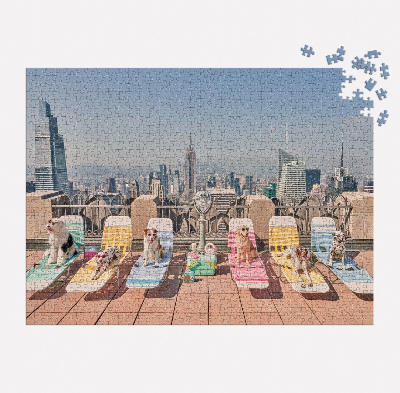 Completed Gray Malin Dogs of New York City puzzle showing dogs on colorful lounge chairs