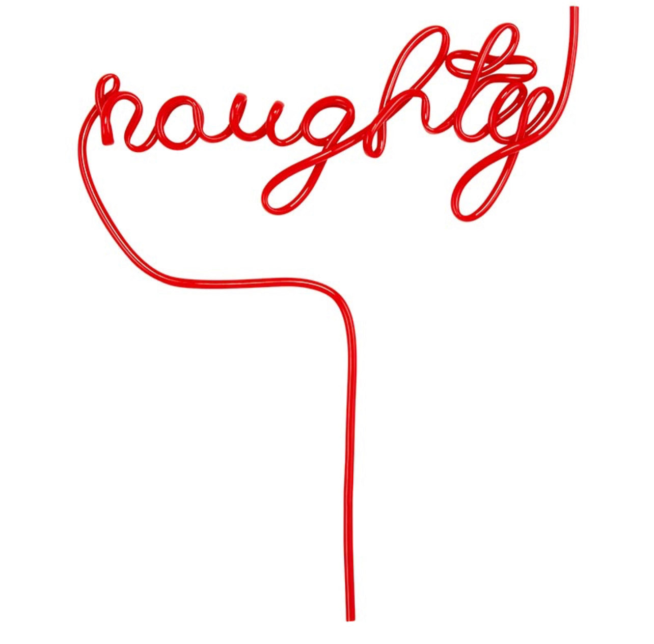red christmas straw for drinks that spells out the word "naughty"