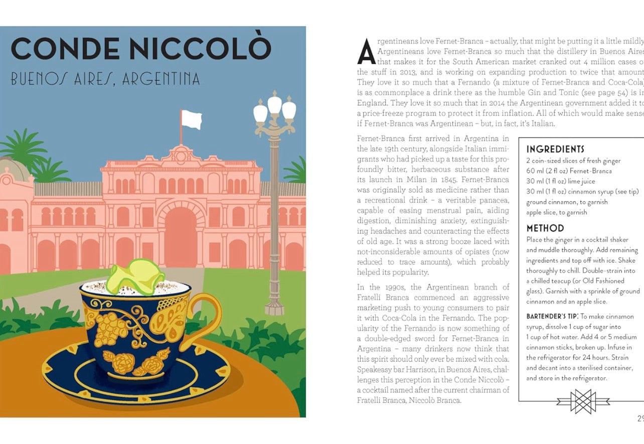 Conde Niccolò cocktail illustrated recipe page from Around the World in 80 Cocktails book