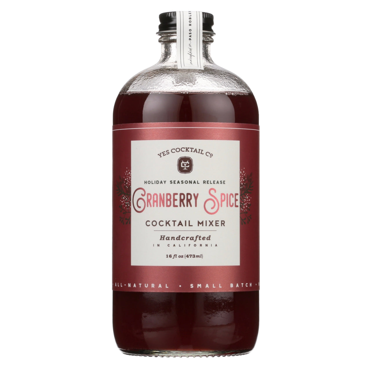 16 oz bottle of handcrafted Cranberry Spice Cocktail Mixer made by Yes Cocktail Co