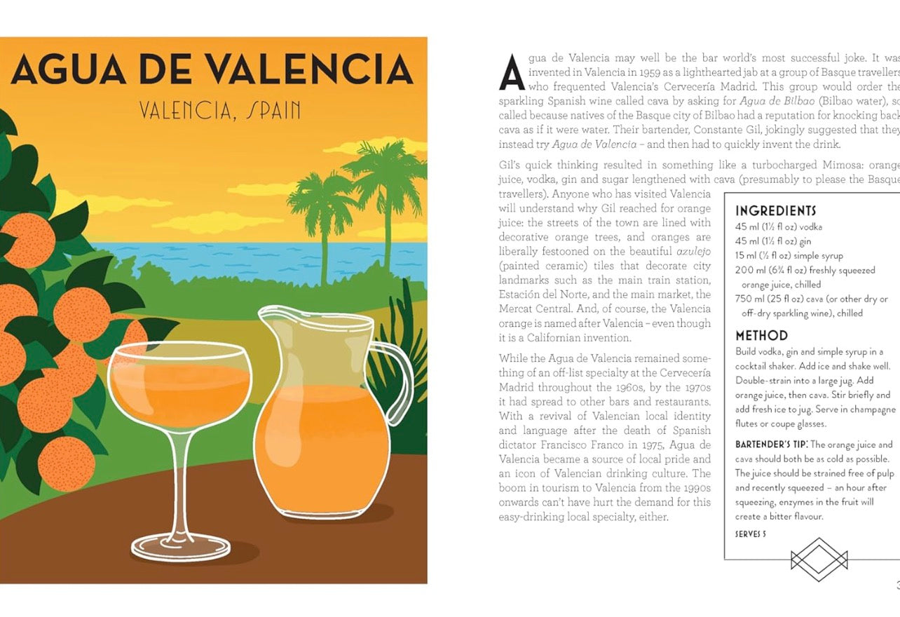 Agua de Valencia cocktail illustration from Around the World in 80 Cocktails book with recipe and history