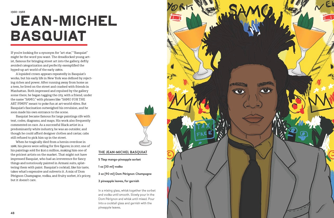 Art Boozel open book featuring Jean-Michel Basquiat inspired cocktail and portrait illustration
