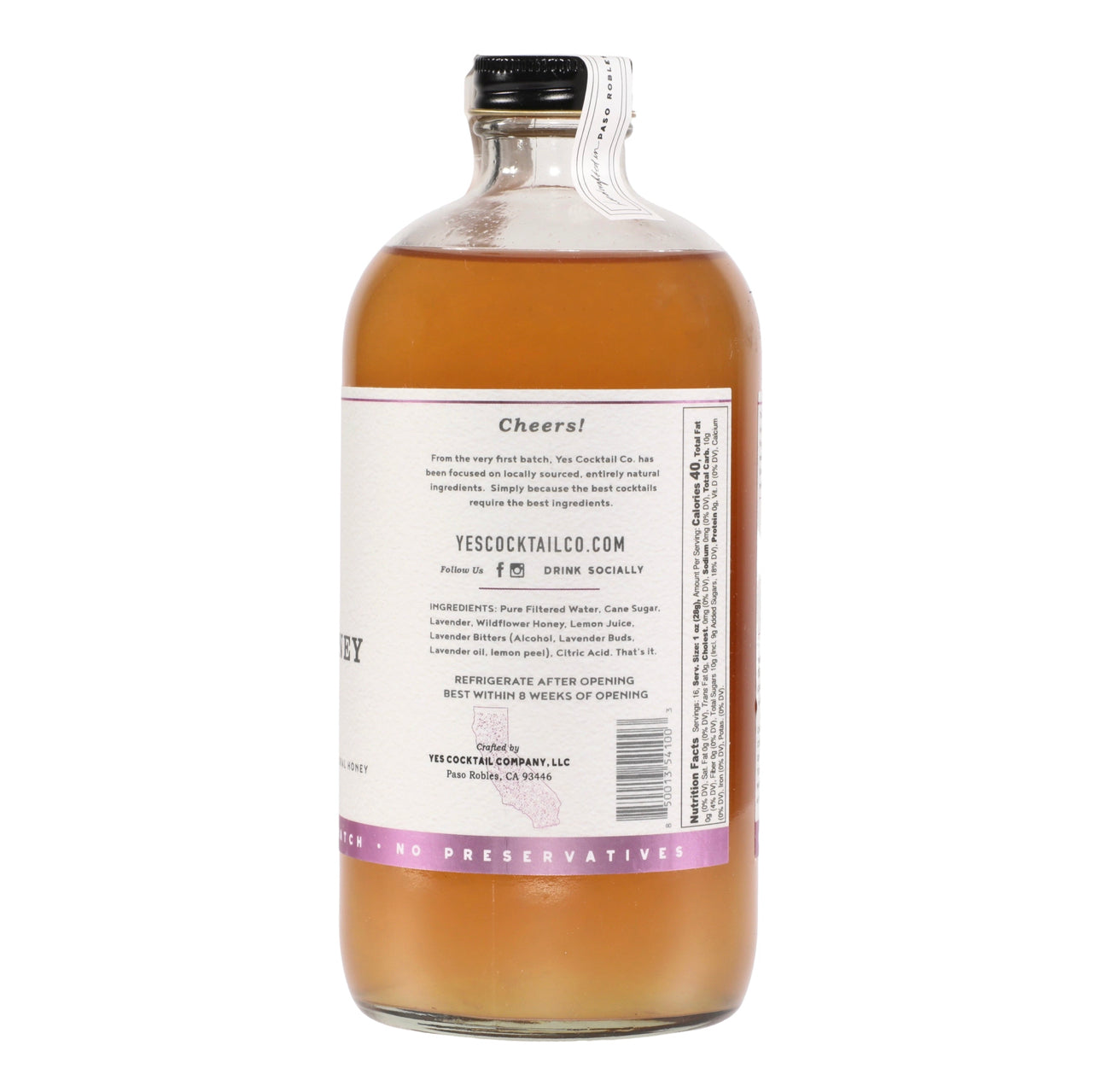 16 oz bottle of handcrafted Lavendar and Honey Cocktail Mixer made by Yes Cocktail Co with label displaying nutritional information
