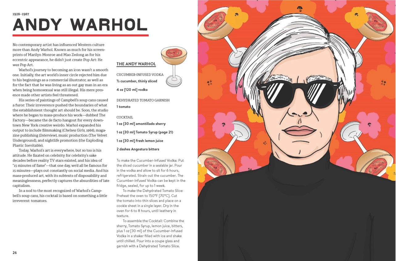 Art Boozel open book featuring Andy Warhol inspired cocktail recipe and illustration
