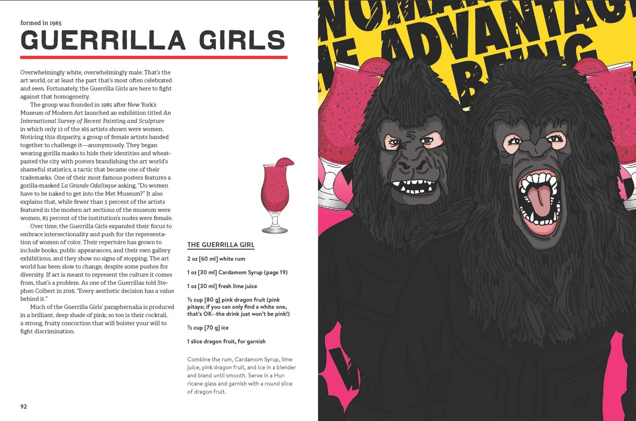 Art Boozel interior spread featuring Guerrilla Girls inspired cocktail illustration