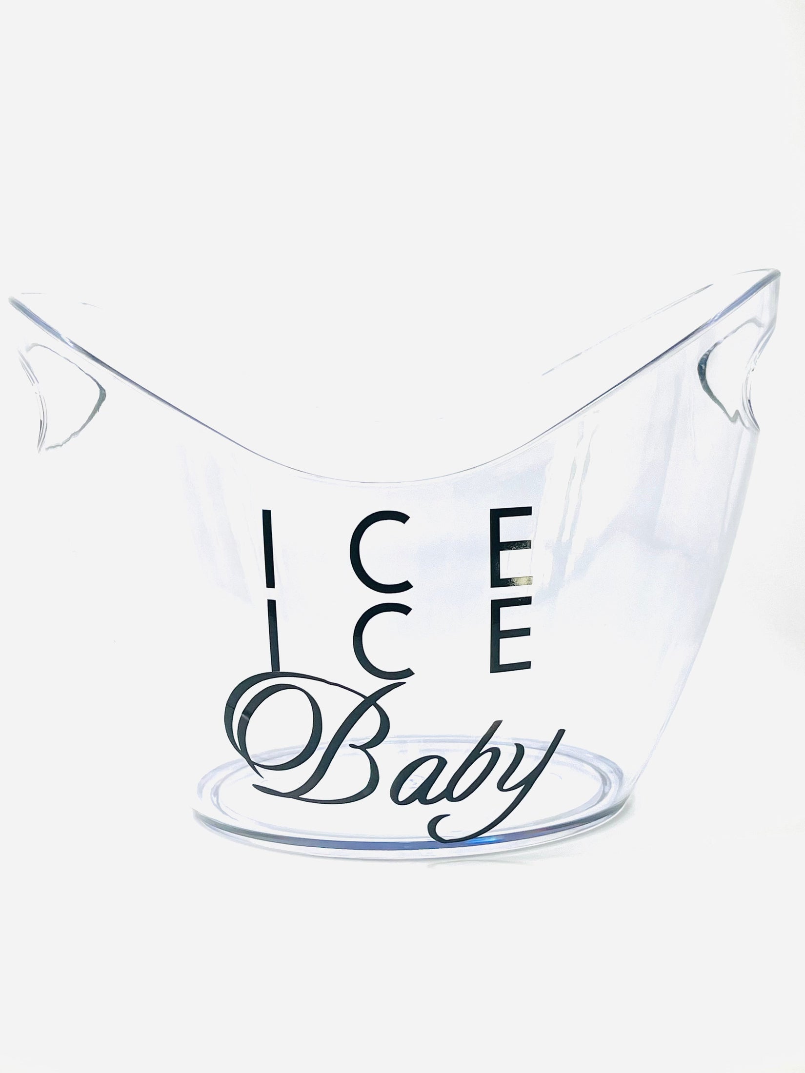 Clear ice bucket with 'ICE ICE Baby' text on a white background