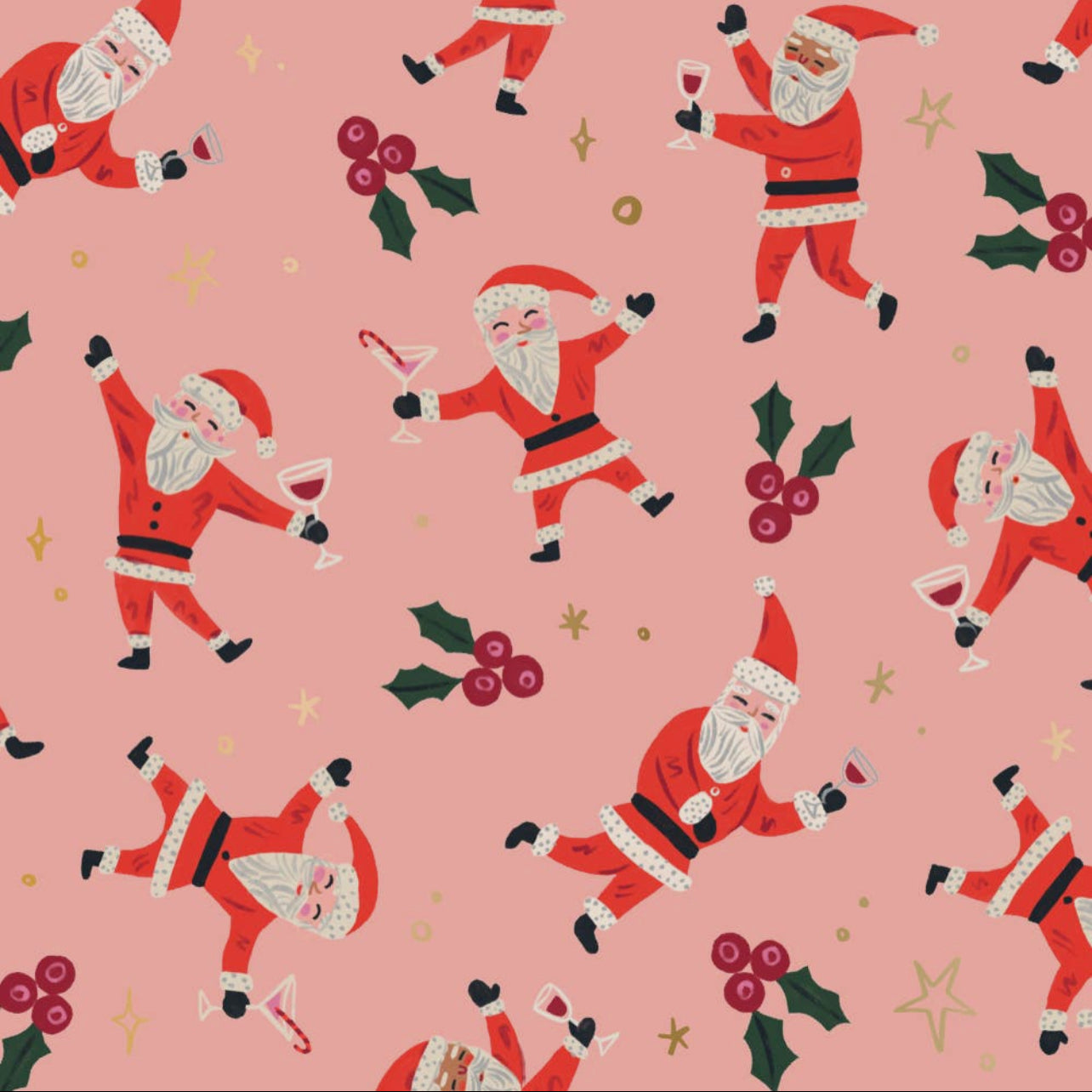 christmas cocktail napkins with a pink background featuring holly berries and santas holding martini and wine glasses