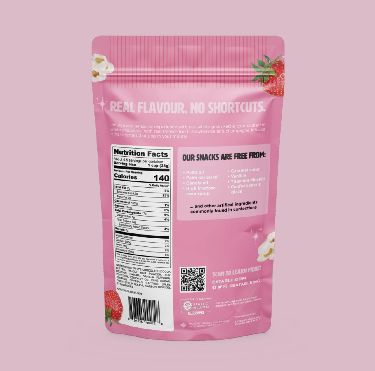 Pink snack package with nutrition facts label on a pink background