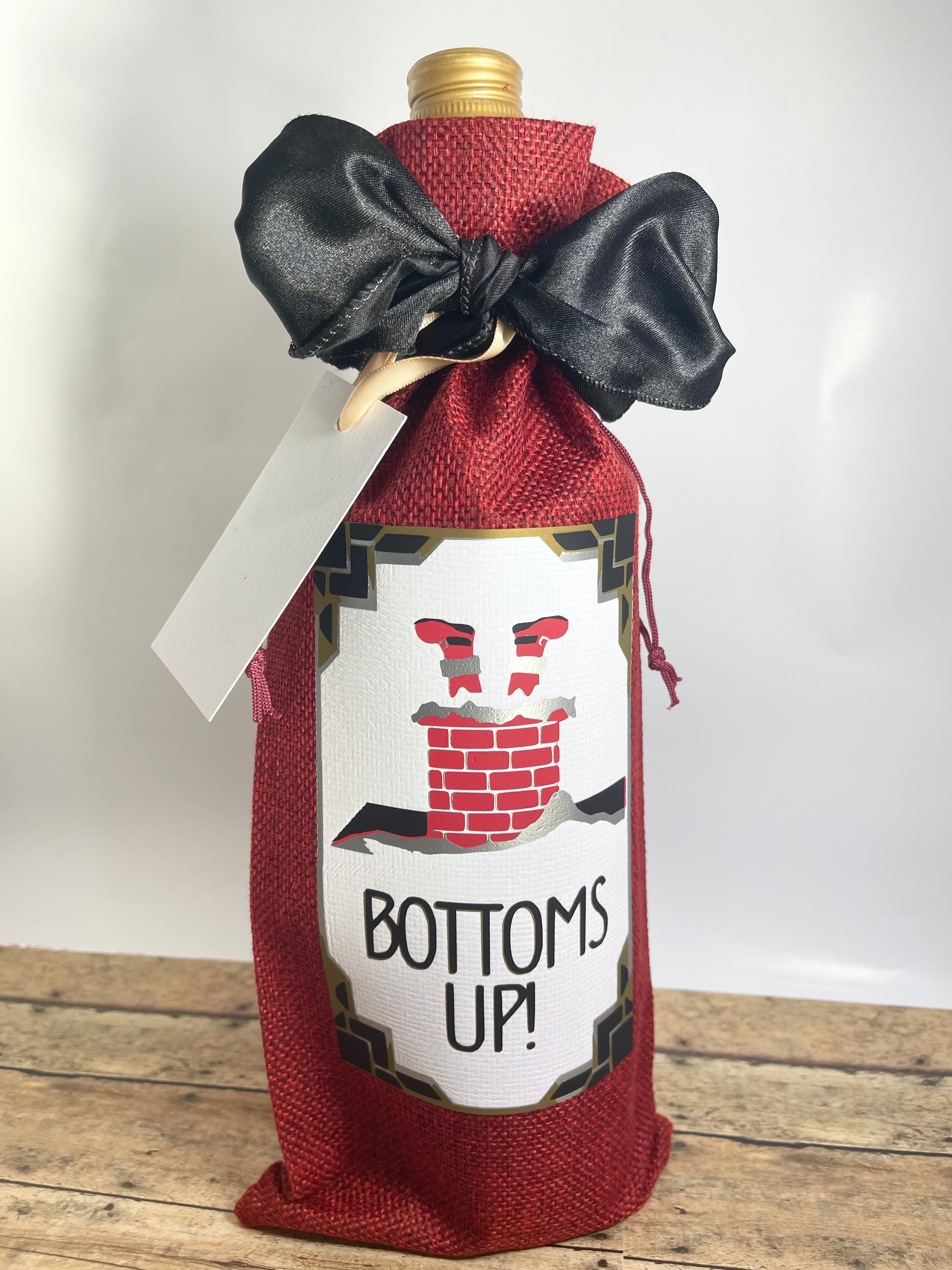 Bottoms Up, Santa in Chimney Wine Bag Gift Set With Ribbon and Gift Tag