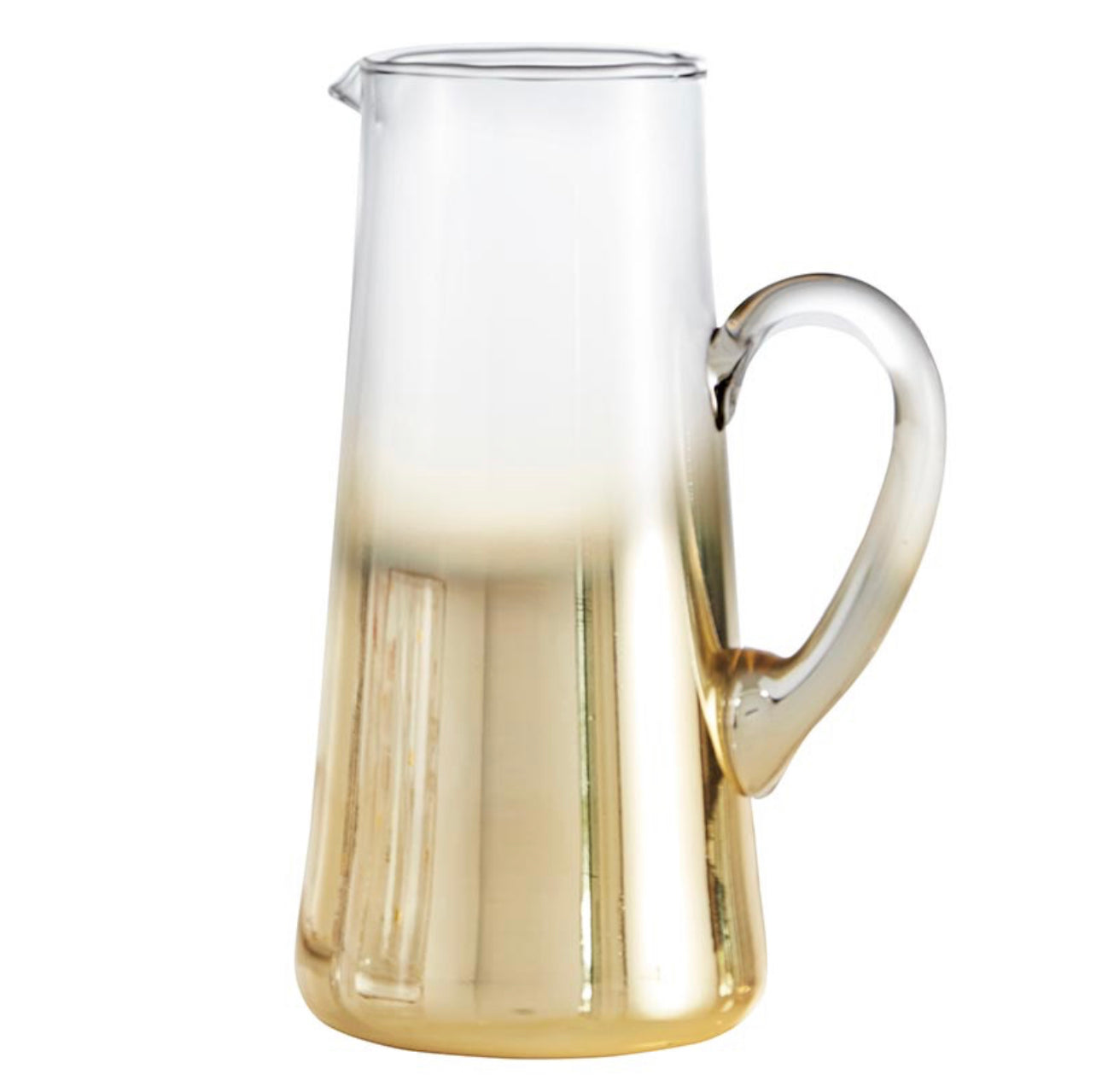 Clear glass pitcher with a metallic gold finish that starts at the bottom and works it's way up the glass in an ombre fashion