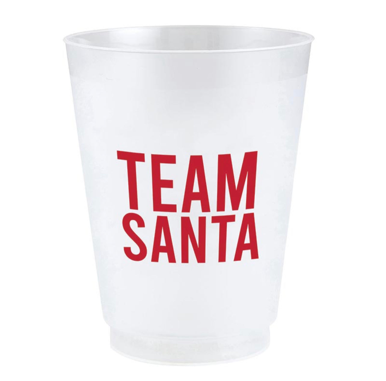 white frosted plastic christmas cup with red script that reads "team santa"