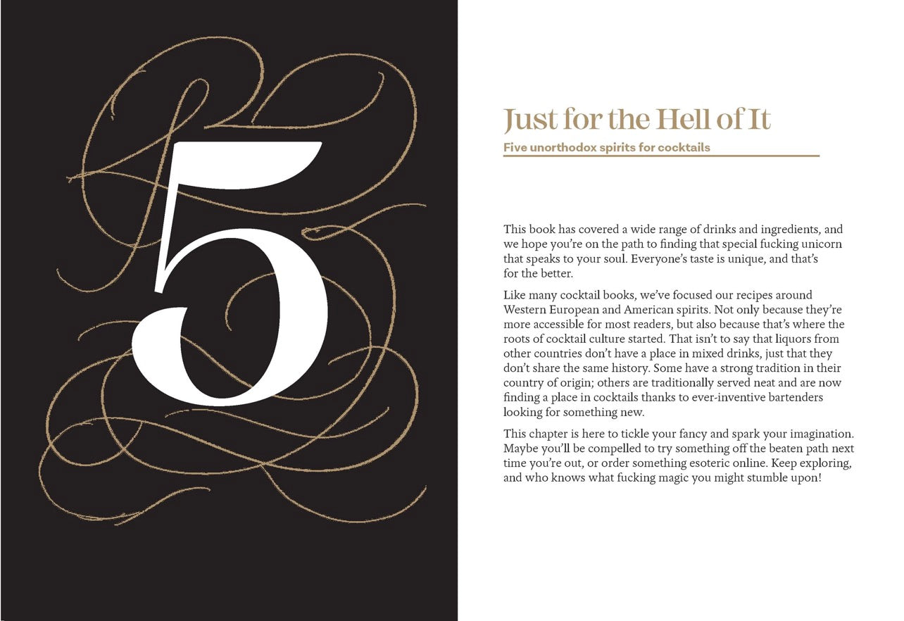 Decorative calligraphy page reading Zero Fucks Given inside cocktail book