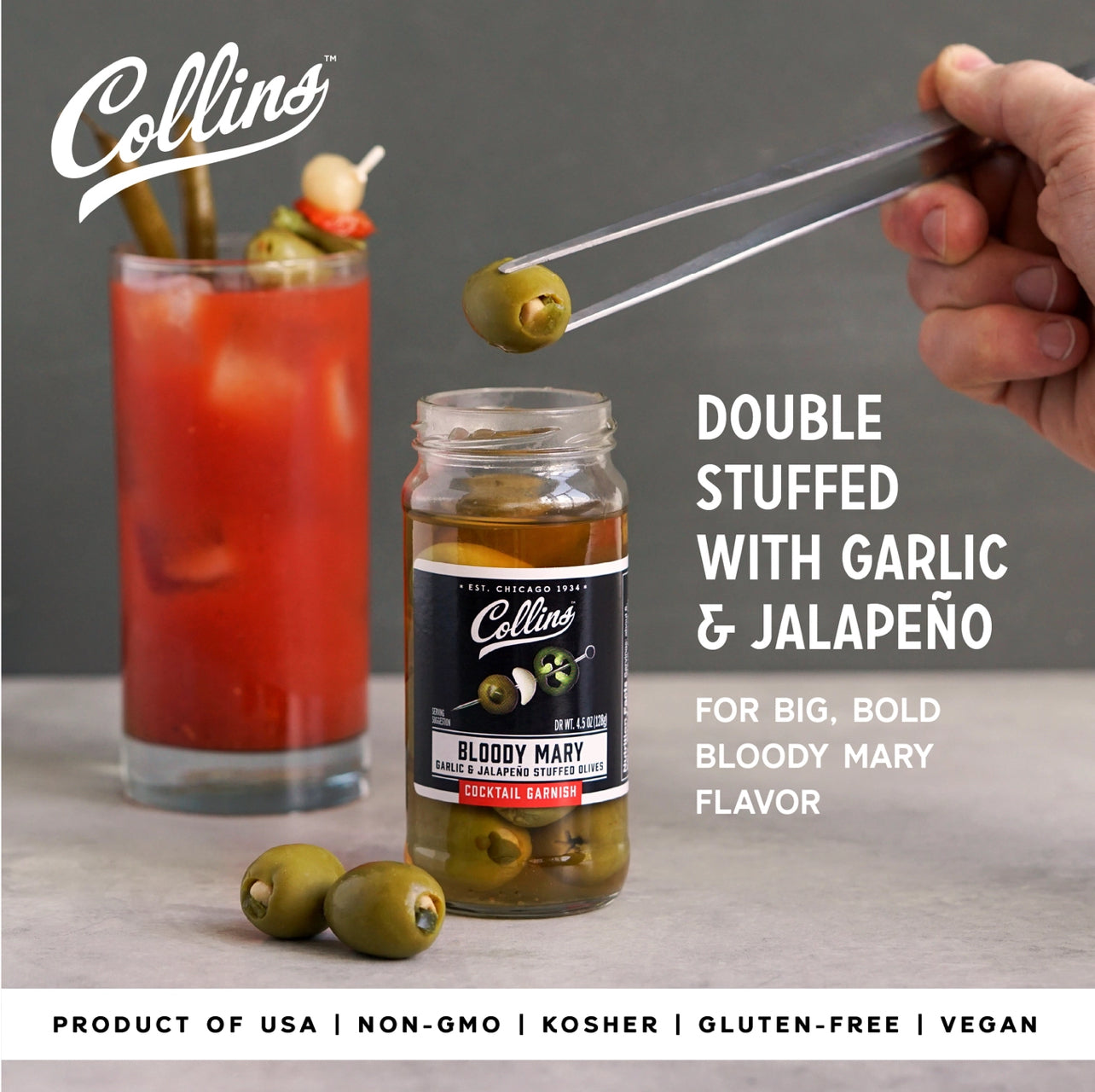 Gourmet Jalapeno & Garlic-Stuffed Cocktail Olives by Collins