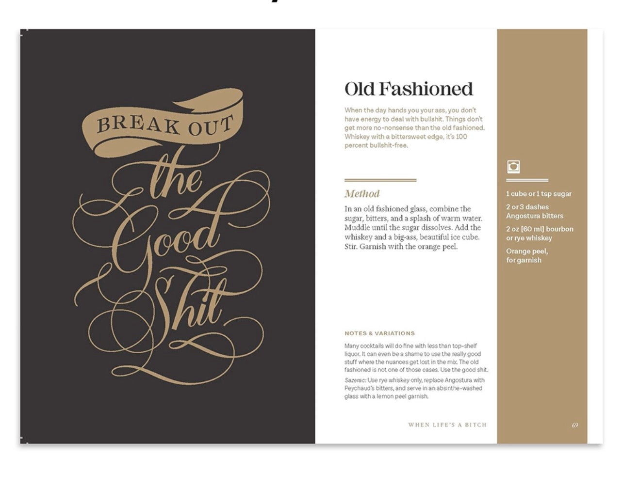 Old Fashioned cocktail recipe page inside Classy as Fuck Cocktails book