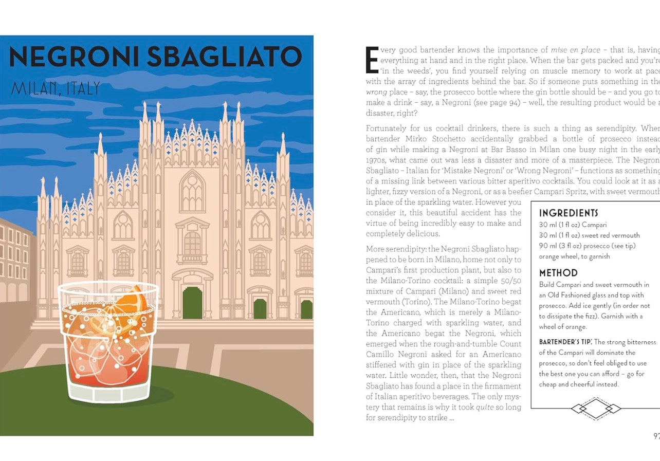 Negroni Sbagliato cocktail illustration from Milan Italy in Around the World in 80 Cocktails book