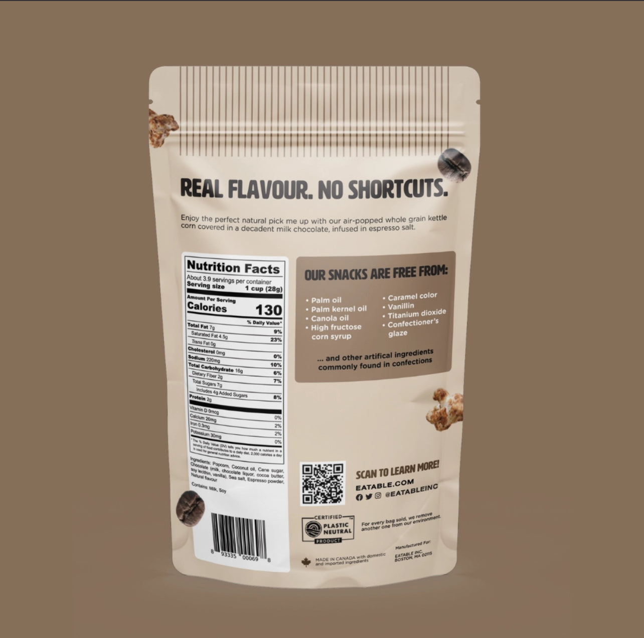 Snack package with nutritional information and ingredient list on a brown background