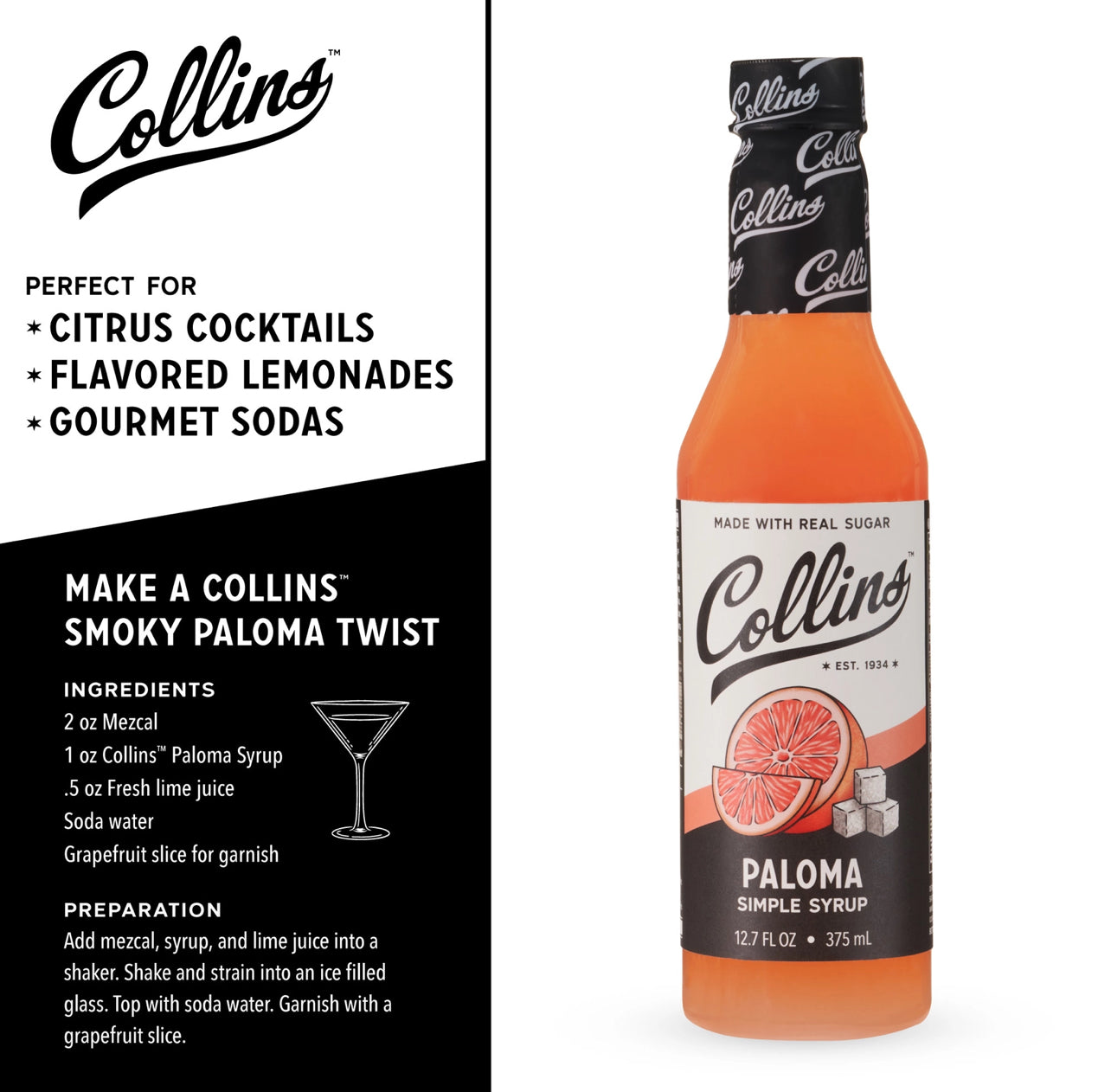 Collins Paloma simple syrup bottle with recipe details on a white background
