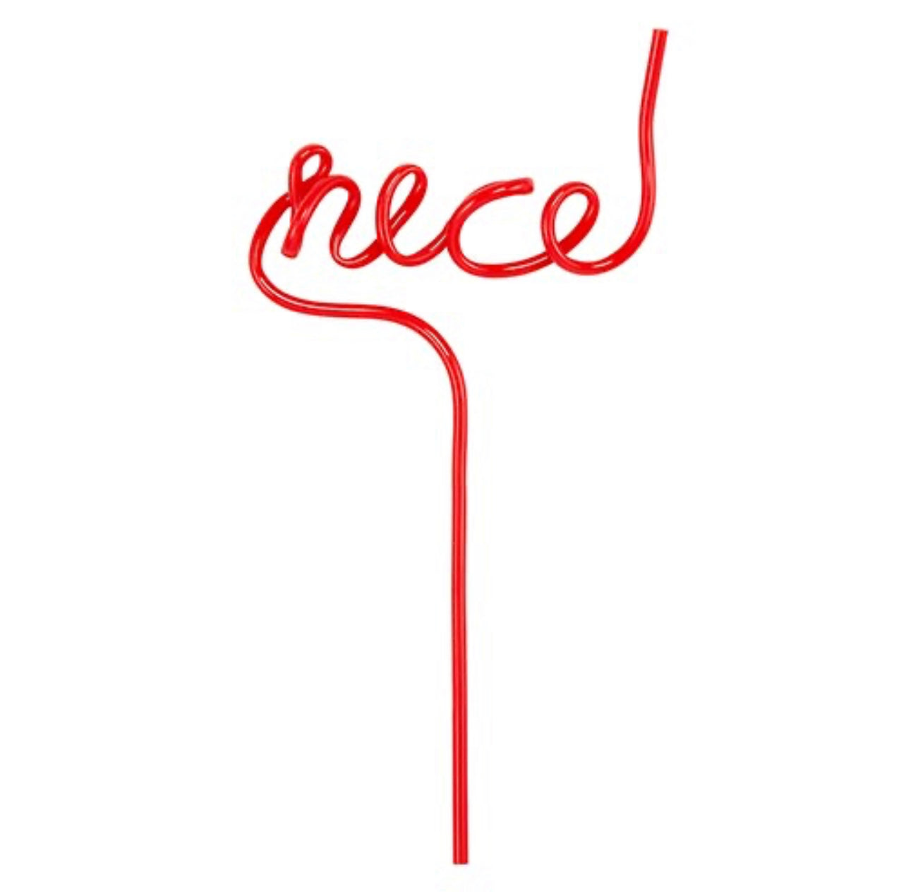 red straw for christmas drinks that spells out the word "nice" at the top