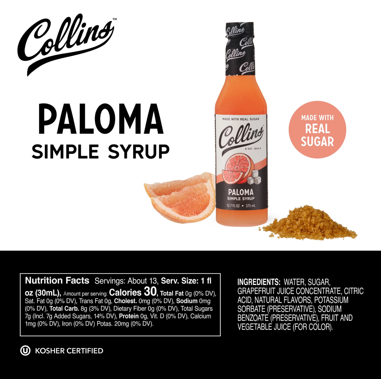 Collins Paloma simple syrup bottle with ingredients and nutrition facts on a white background