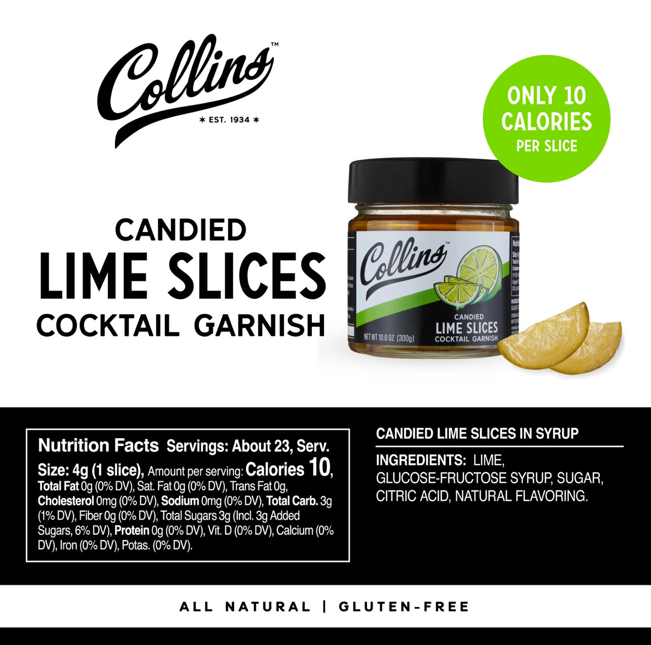 Collins Candied Lime Slices cocktail garnish packaging with lime slices and branding details.