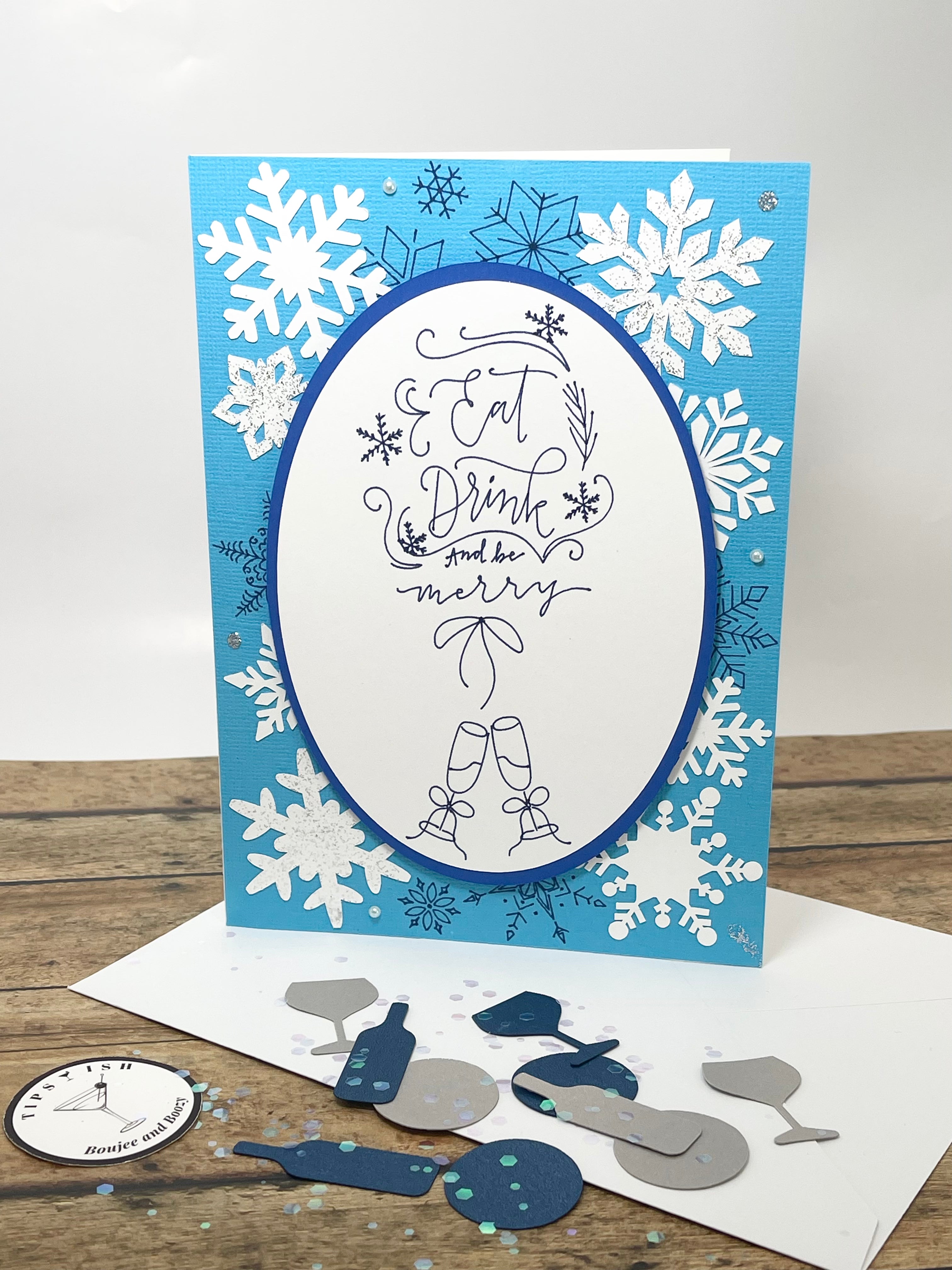 Handmade Christmas Card, Champagne, Wine Confetti