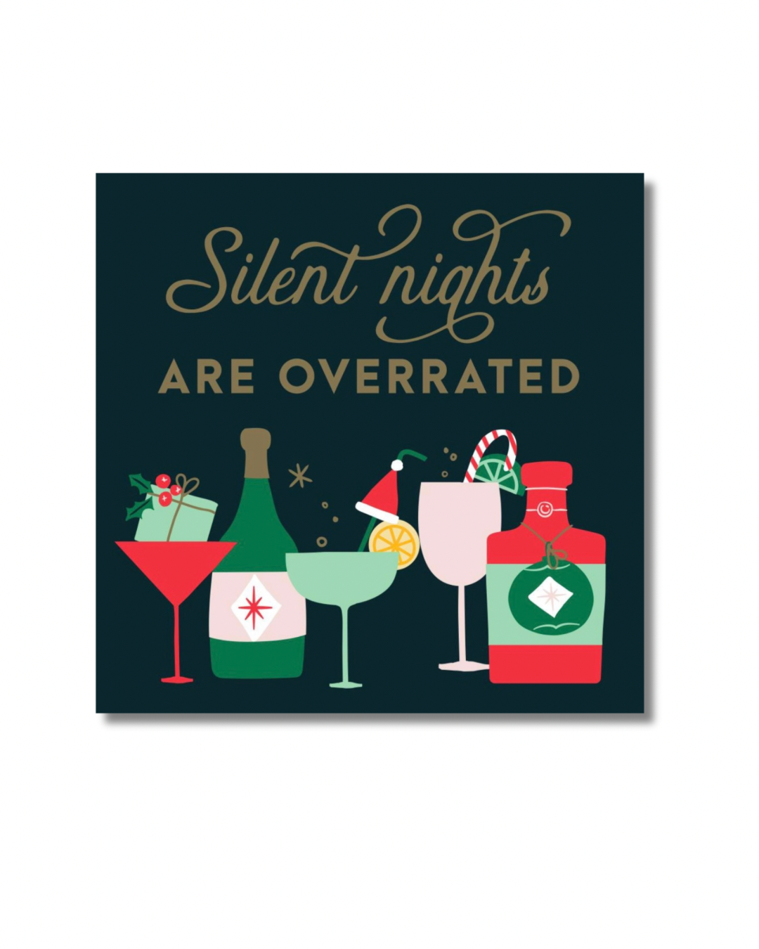 Silent Nights Are Overrated Christmas cocktail napkin with retro holiday drinks in red, green and pink on a dark background.