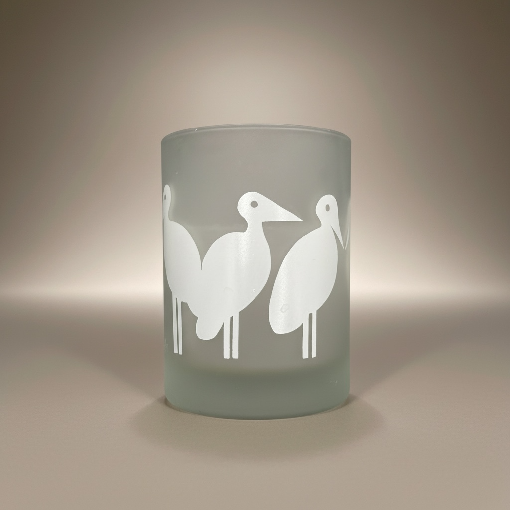Side profile showing the wraparound white bird motif on a vintage Georges Briard whiskey glass.
