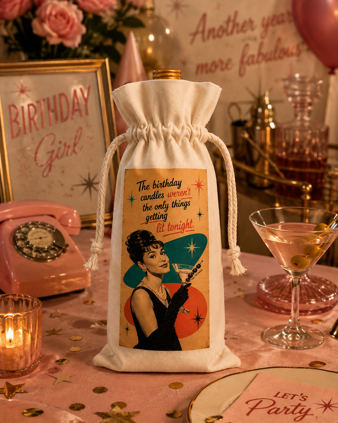 Retro birthday wine bottle bag displayed at a vintage-inspired birthday party with martini, pink telephone and cocktail bar decor.
