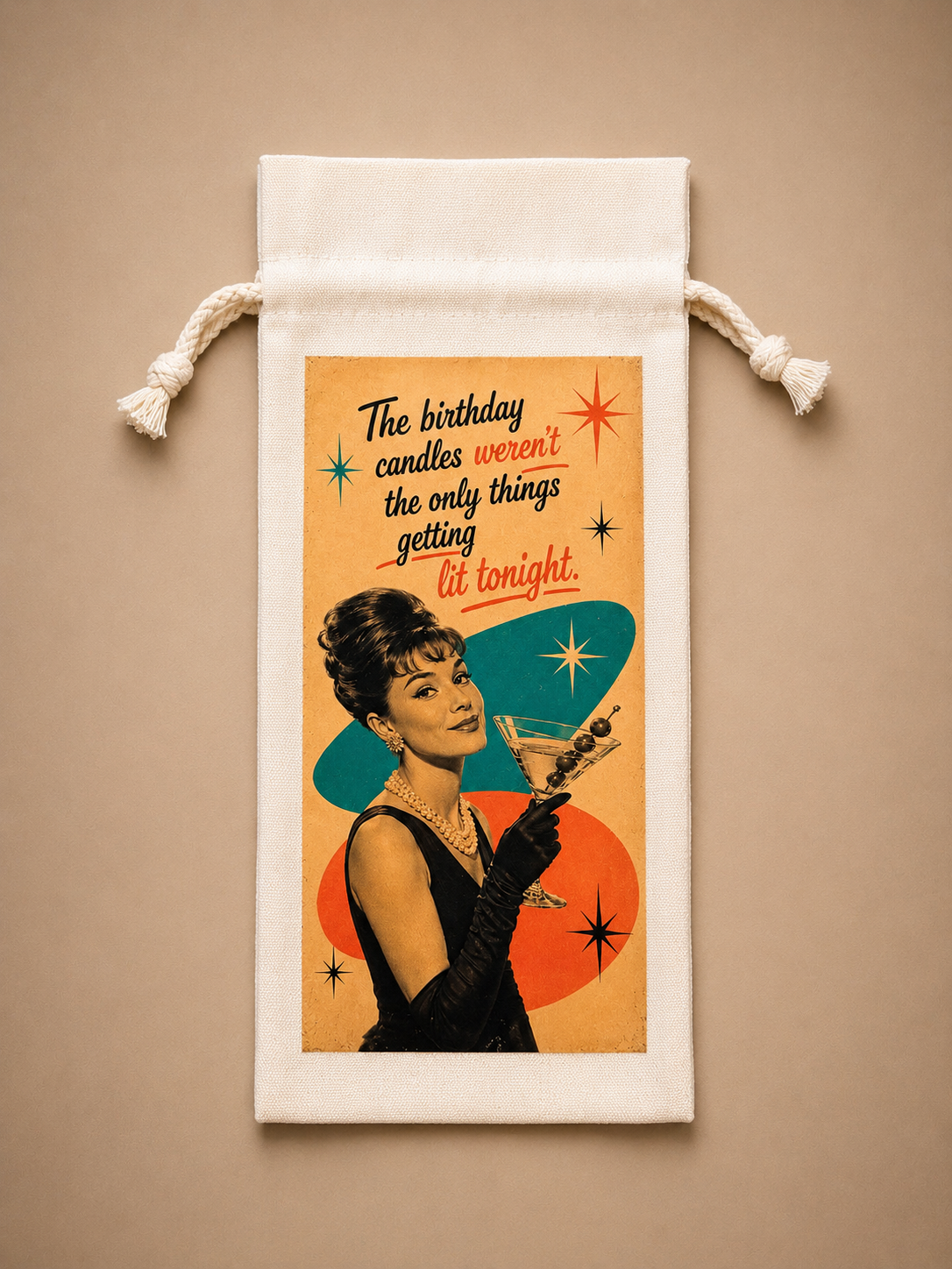 Reusable canvas birthday wine bag with retro cocktail woman and “birthday candles weren’t the only things getting lit tonight” design.