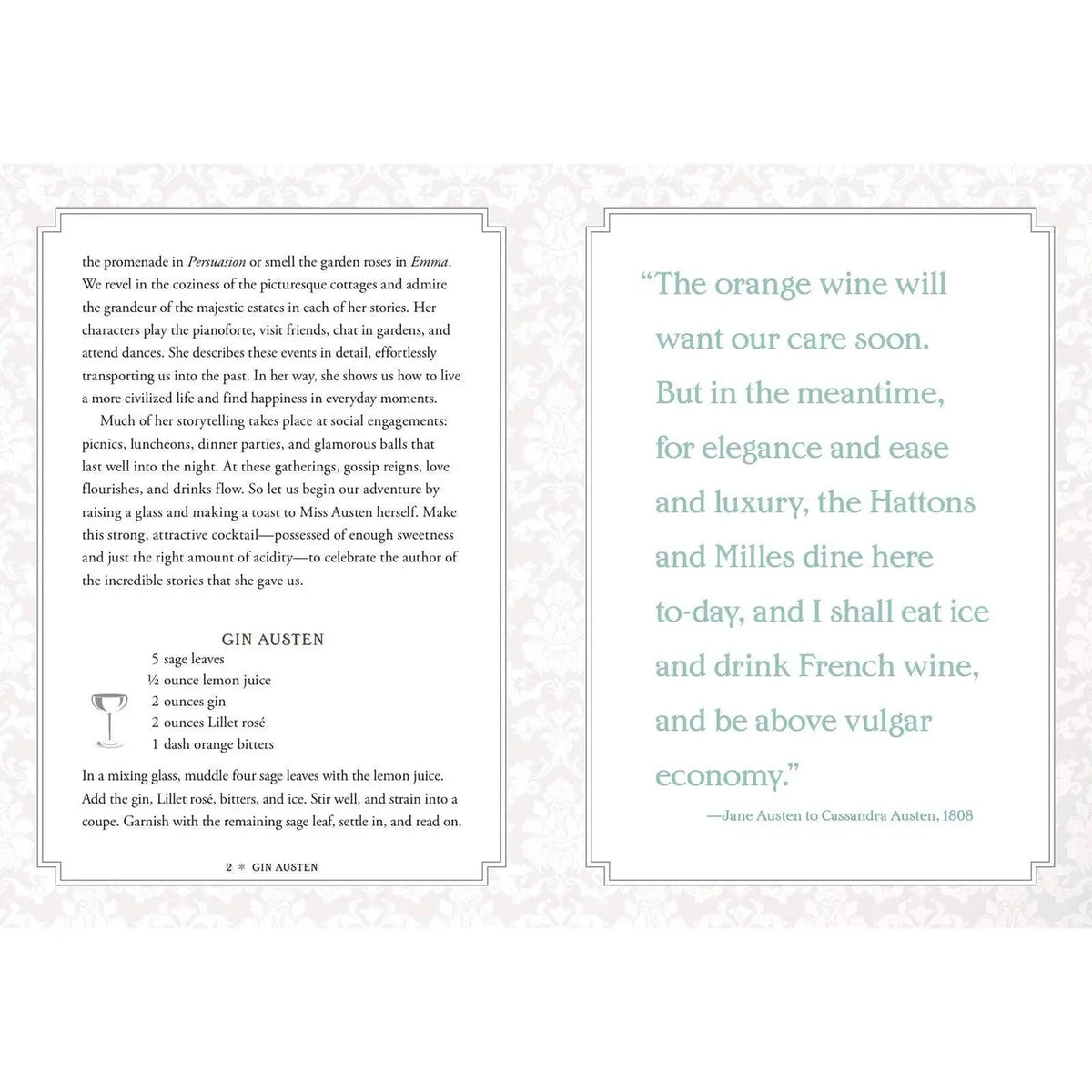 Interior pages from Gin Austen featuring the signature Gin Austen cocktail recipe with gin, Lillet rosé, lemon, sage, and orange bitters alongside a Jane Austen quotation.