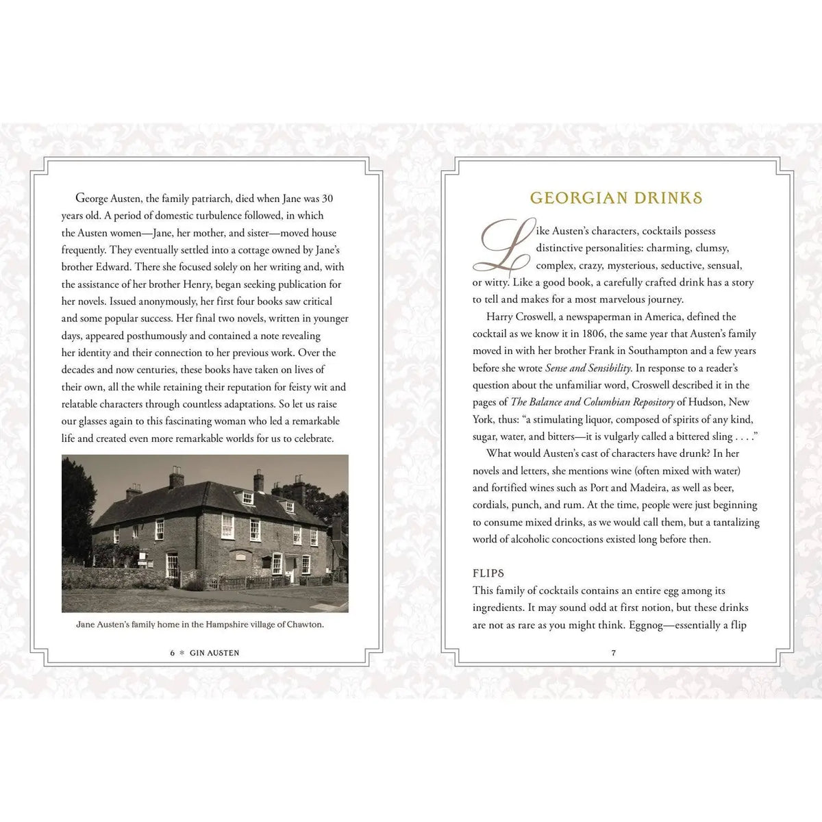 Interior spread of Gin Austen showing a historical photograph of Jane Austen's family home in Chawton and a chapter exploring Georgian-era drinks and cocktail traditions.